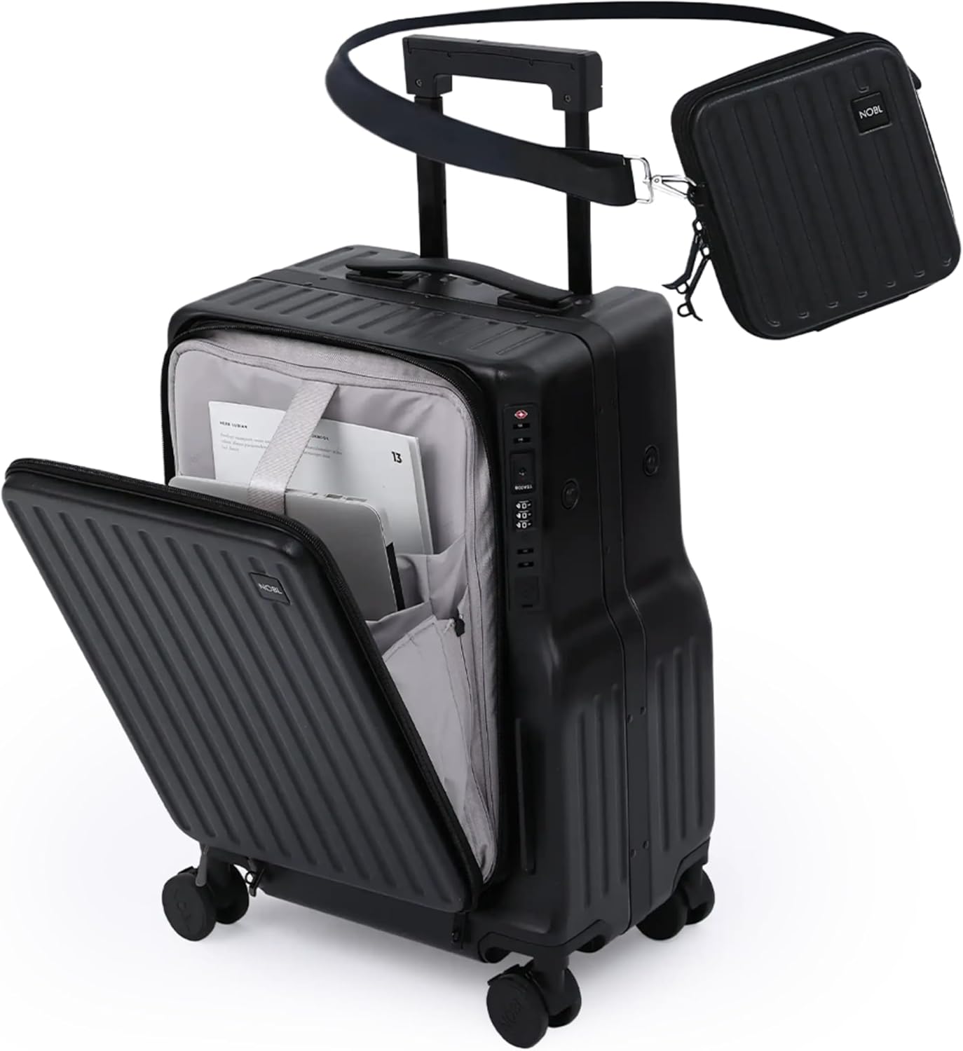 NOBL Duo Carry Carry-On Luggage with Detachable Side Bag, 22.1x14.6x10.5 Airline Approved, Noble Zipperless PC Hard Shell Suitcase & Crossbody, 360° Spinner Wheels, TSA Locks, USB Port - Jet Black