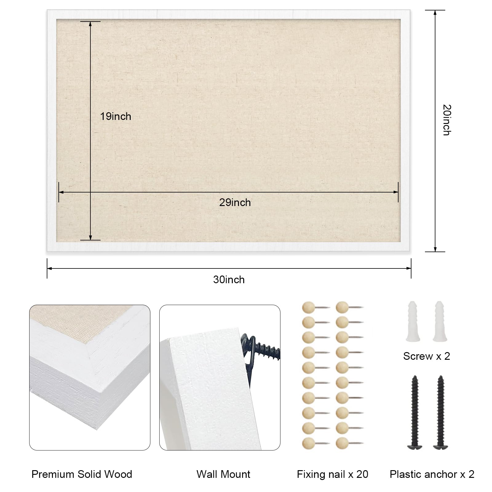 Korktafel mit Leinen, 76 x 50 cm, Pinnwand für Zuhause, Schlafzimmer, Büro, Küche, Wanddekoration, hängend, Holzrahmen, Sichtbrett, faltbare Pinnwand mit 20 Stecknadeln, 1 Stück (Vintage-Weiß)