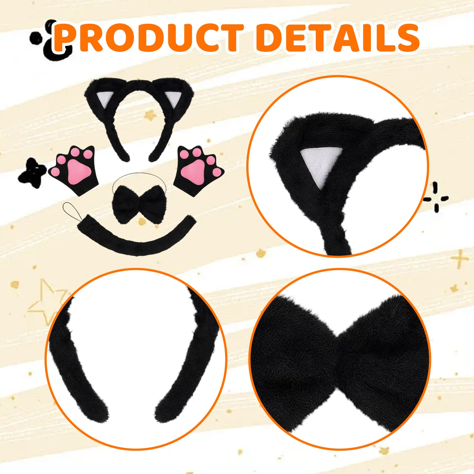 SrgPui 4Pcs Cat Ears and Tail, Cat Costume Set including Headband, Gloves, Bow Tie and Tail - Image 3