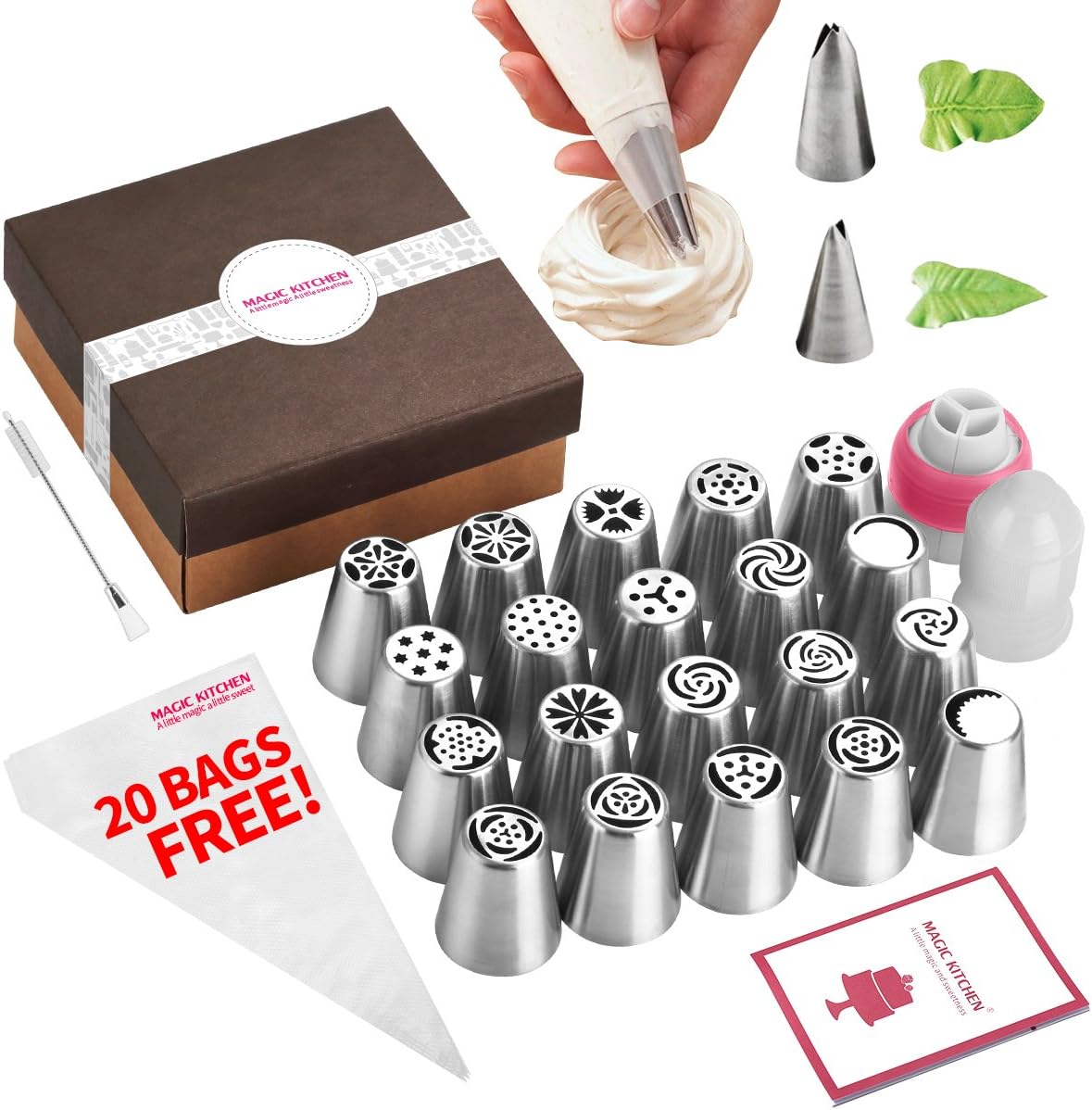 MAGIC KITCHEN 46 PCS Russian Piping Tips & Leave Nozzles Set - Piping Tips Chart Instruction for Cake Cupcake Decoration - Stainless Steel with Single Coupler, Tri Coupler and 20 Disposable Icing Bags