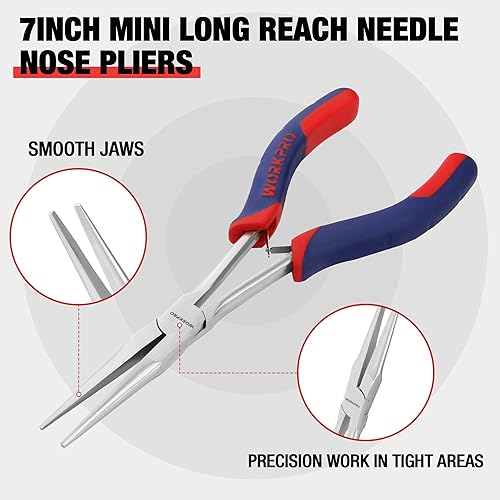 Miniatura 4 de WORKPRO Alicates de punta de aguja de largo alcance, alicates de nariz pequeños y extra largos de 7 pulgadas con mandíbulas lisas para hacer joyas,