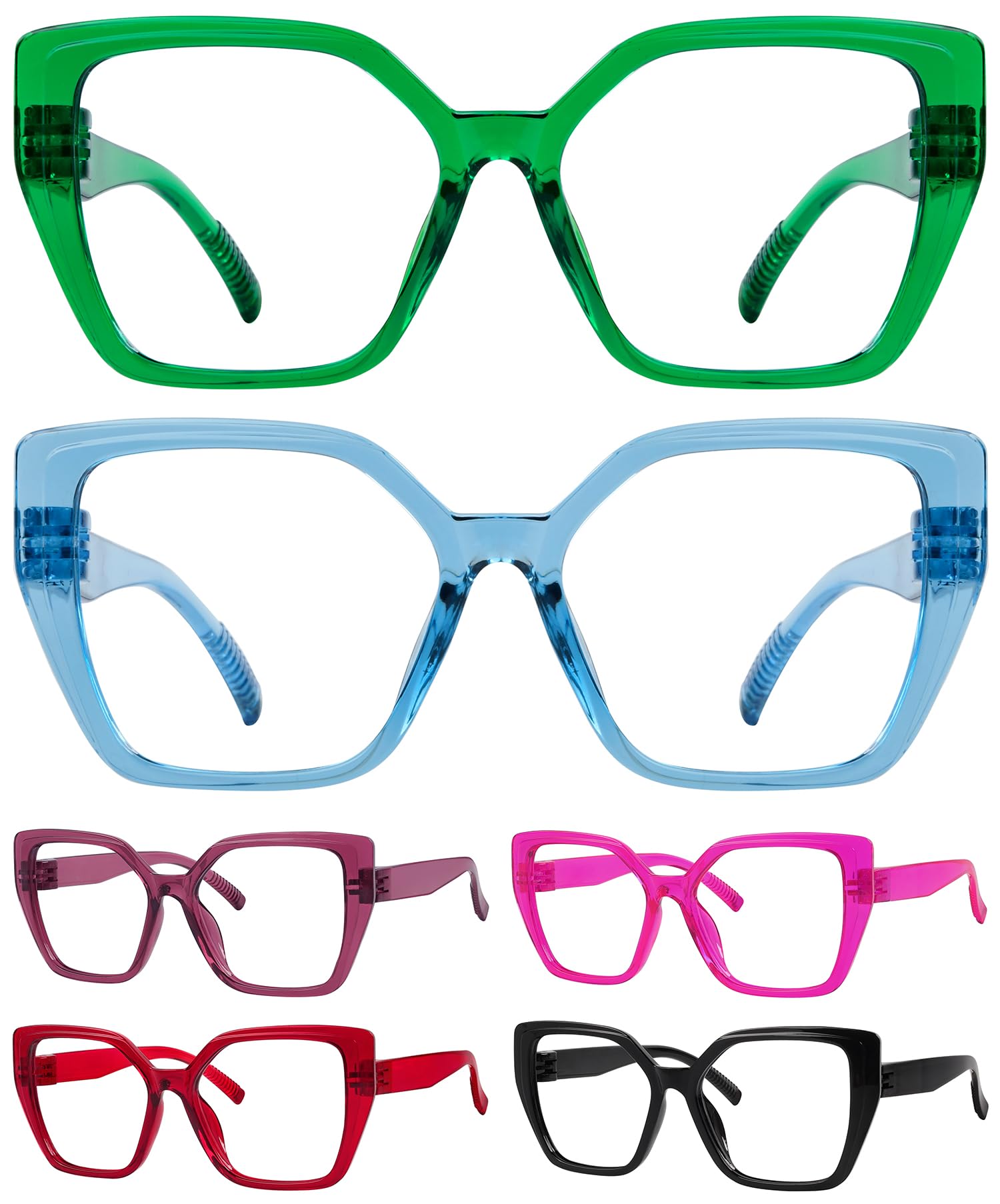 Eyekepper 6 Pack Metalless Screwless Reading Glasses Spring Hinges Oversized Cat Eye Readers for Women