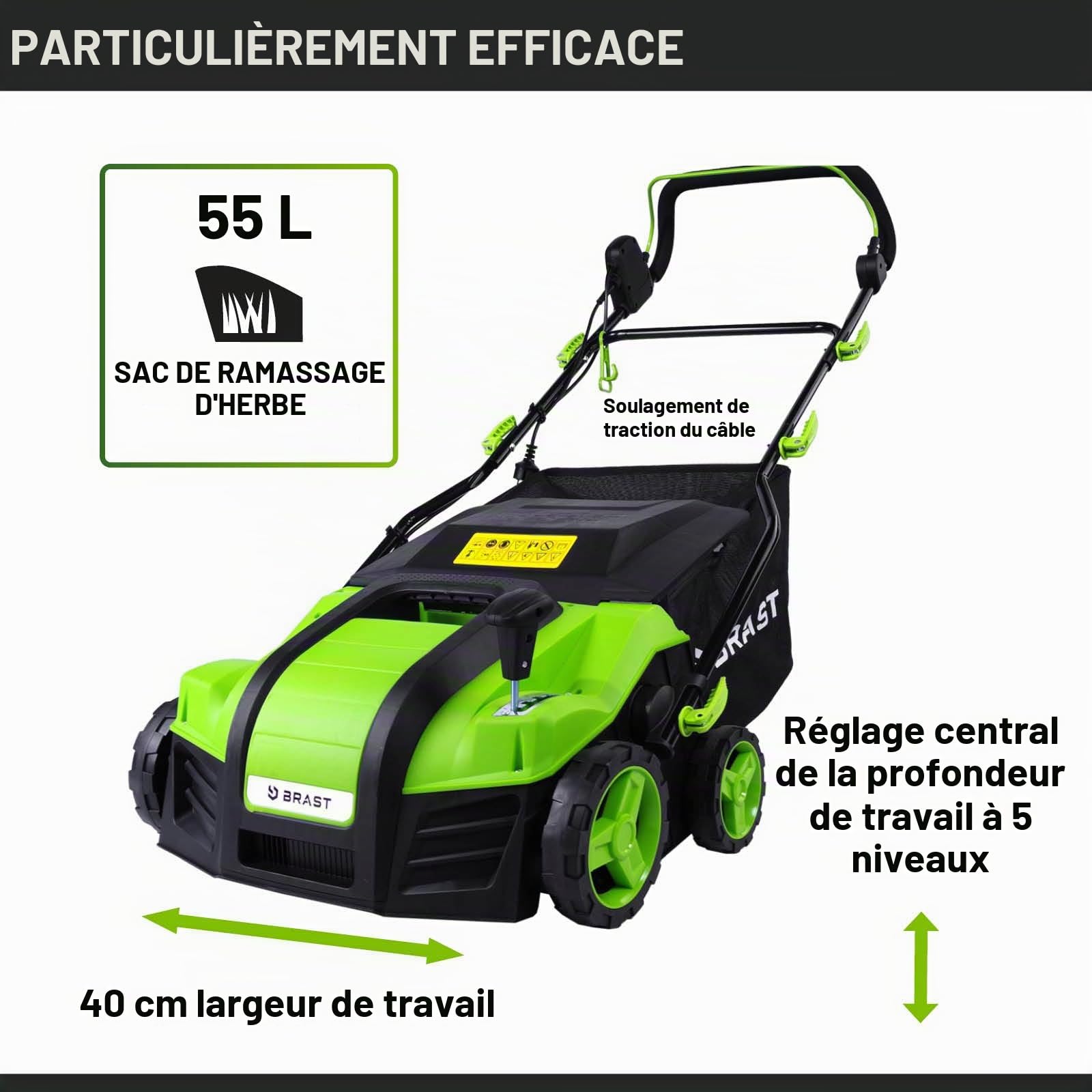 BRAST scarificateur électrique - 1800W largeur de travail 40cm, 2en1 rouleau scarificateur et aérateur, bac 55l - 3 MODÈLES diff. puissances - confortable à manier - scarificateur gazon électrique