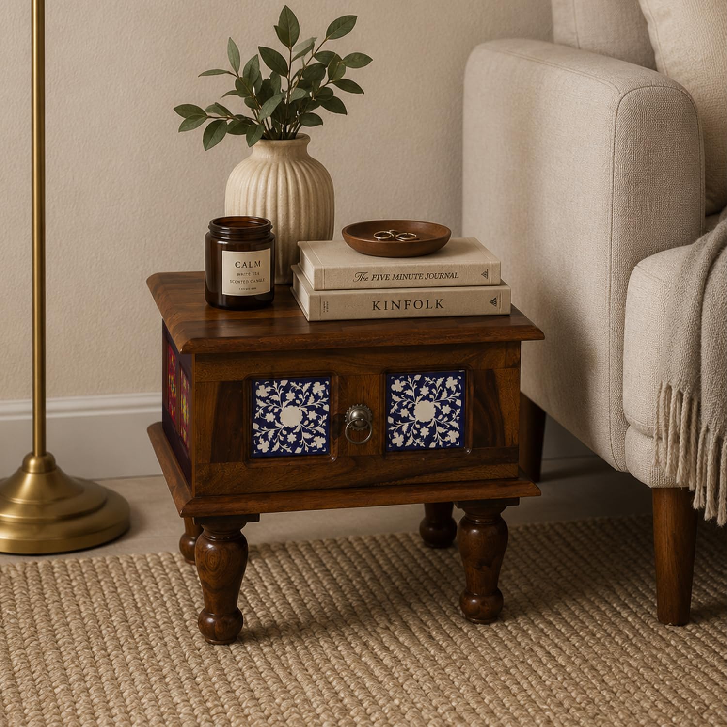 Rajasthani Ceramic Tile Side Table, Solid Sheesham Wood, Rectangular, with Drawer, Traditional Style, Indoor, Warm Brown-image-16