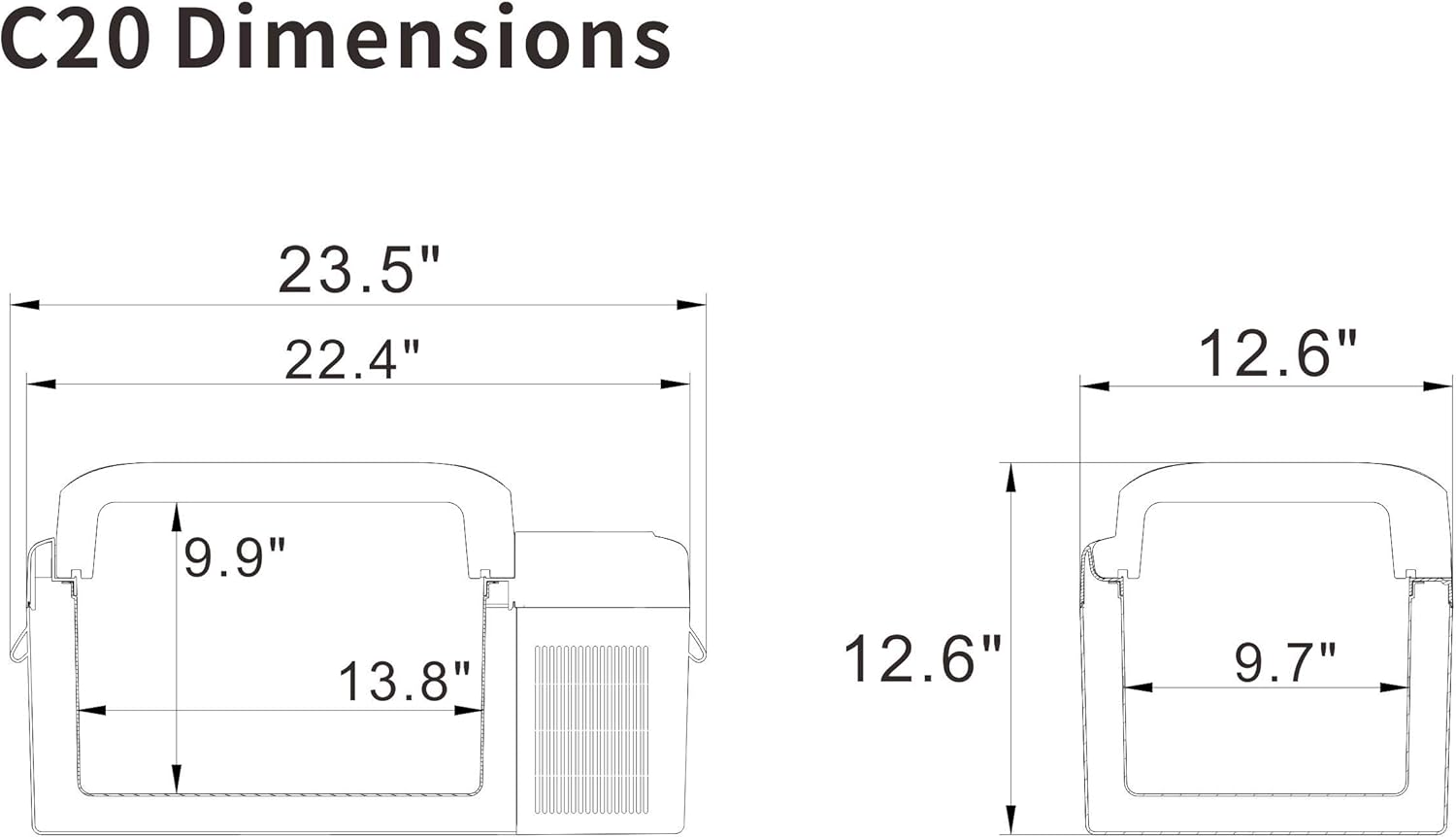 Detailed dimensions diagram for Alpicool C20 refrigerator