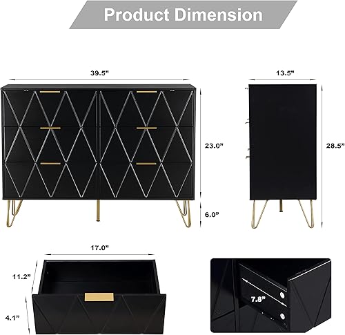 Miniatura 2 de Cómoda de 6 cajones cómoda negra para dormitorio cómoda de madera con tablero de diamante y asas de metal dorado para dormitorio sala de estar