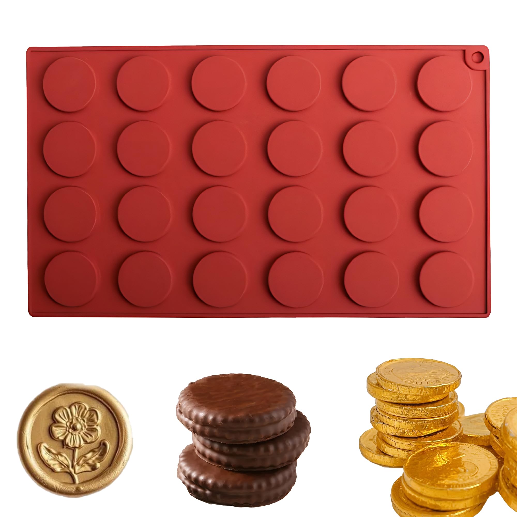 Round Silicone Mould, 24 Cavities 3.2 cm Diameter Chocolate Moulds in the Shape of Gold Coins, Round Chocolate Mould for Chocolates, Round Biscuits, Mini Soaps, 1 Piece