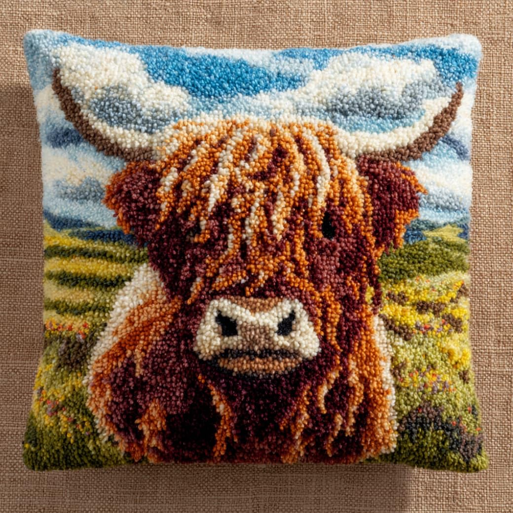AxiangziK Latch Hook Cushion Kit 43x43cm,Highland Cattle