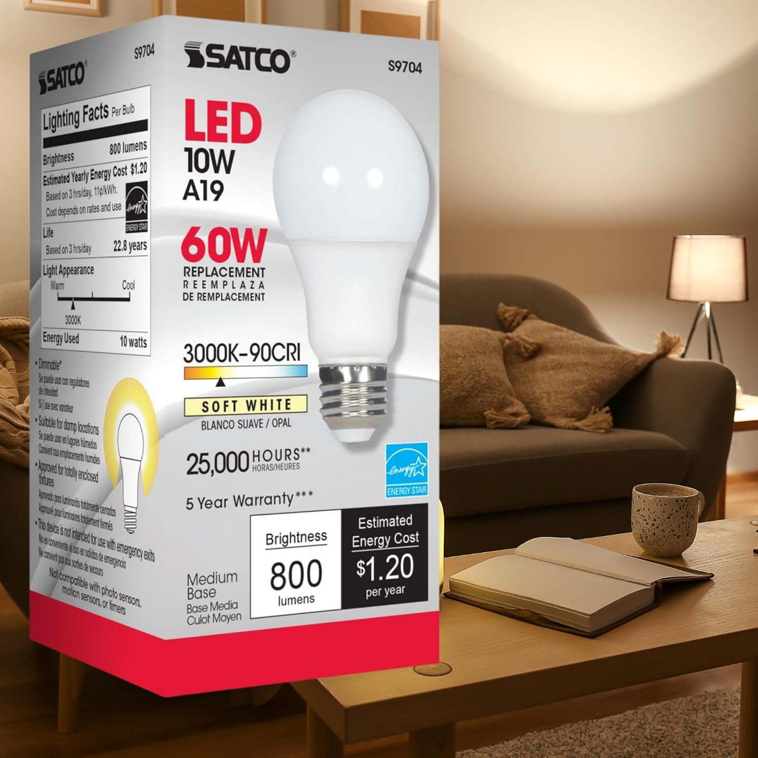 Satco S9704 10W A19 LED Bulb, 3000K Soft White, 800 Lumens, 90+ CRI, Frosted Finish, 220° Omni-Directional Beam, Medium E26 Base, Dimmable, 120V, Enclosed Fixture Rated, 25,000 Hour Life (6 Pack)