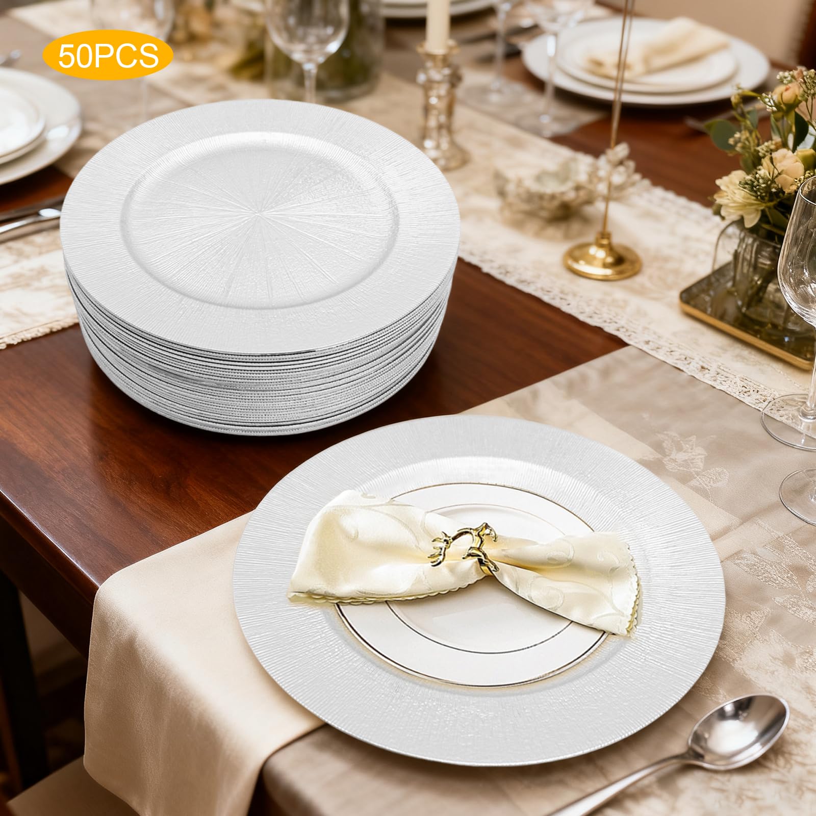 Platos de presentación - Lote de 50 platos redondos reutilizables plateados, 33 cm de plástico PP rígido para bodas, fiestas, banquetes, decoración de mesa elegante apilable