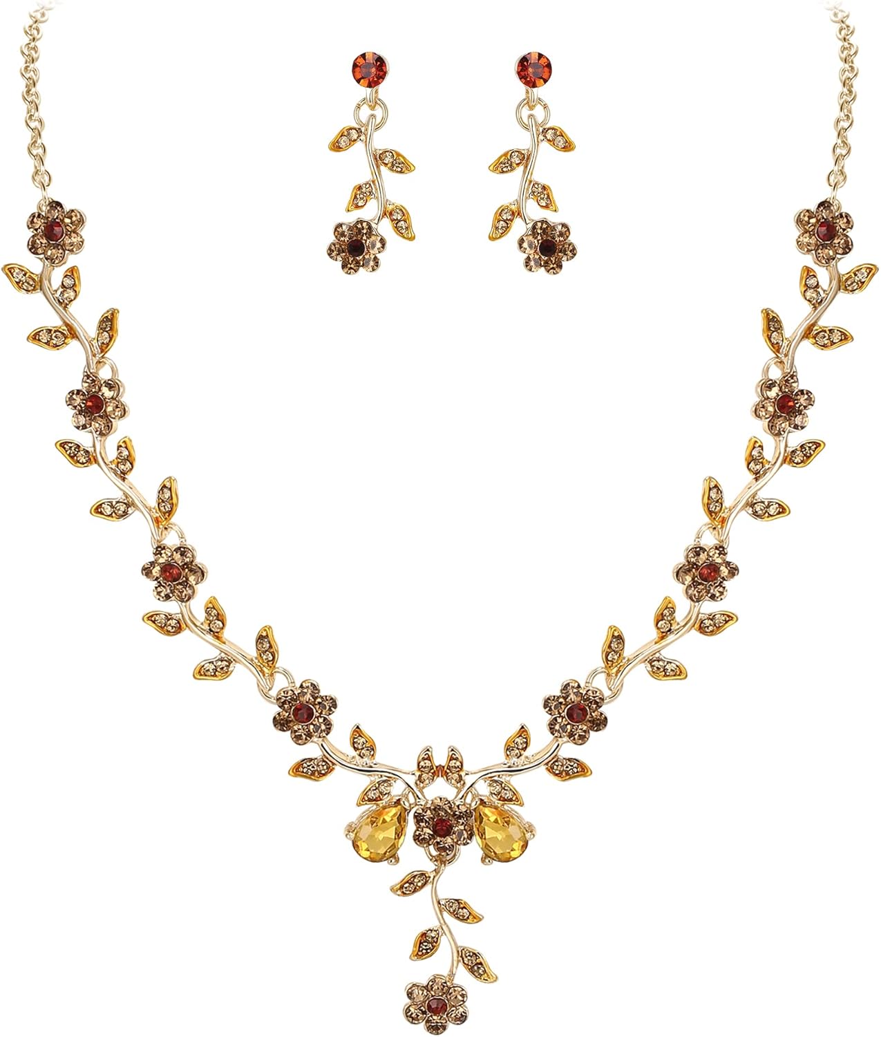 BriLove Women's Wedding Jewelry Leaf Cluster Flower Crystal Dangle Earrings Pendant Necklace Set for Bridal