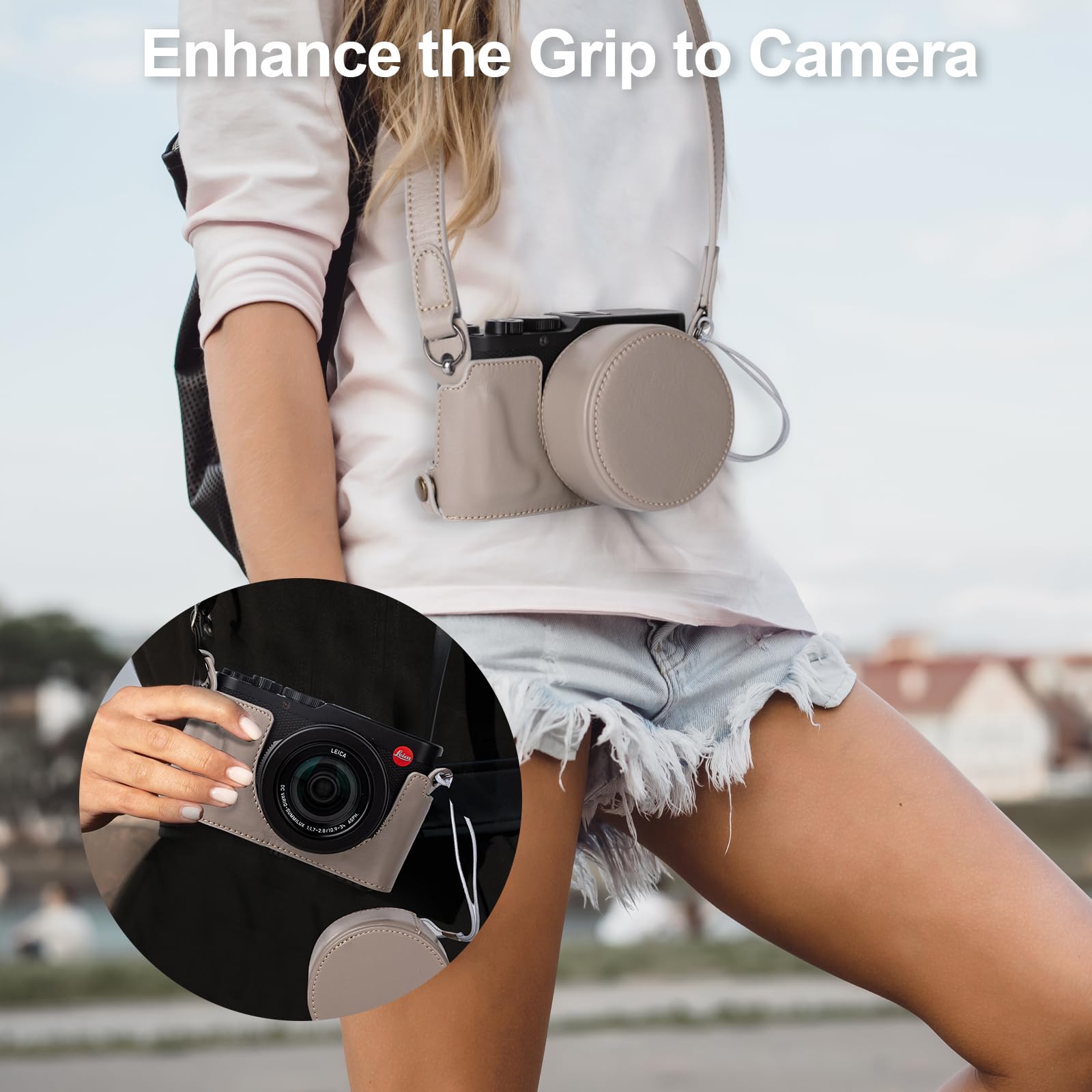 Rieibi Custodia per fotocamera in vera pelle fatta a mano per Leica D-LUX8, mezza custodia per Leica DLUX8 custodia con copriobiettivo anteriore e tracolla