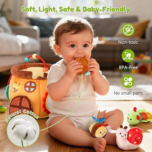 Miniatura 5 de TOHIBEE Juguetes para bebés de 6 a 12 meses, casa suave con 6 animales de peluche, sonajero, papel arrugado, chirriante, espejo y juguete de