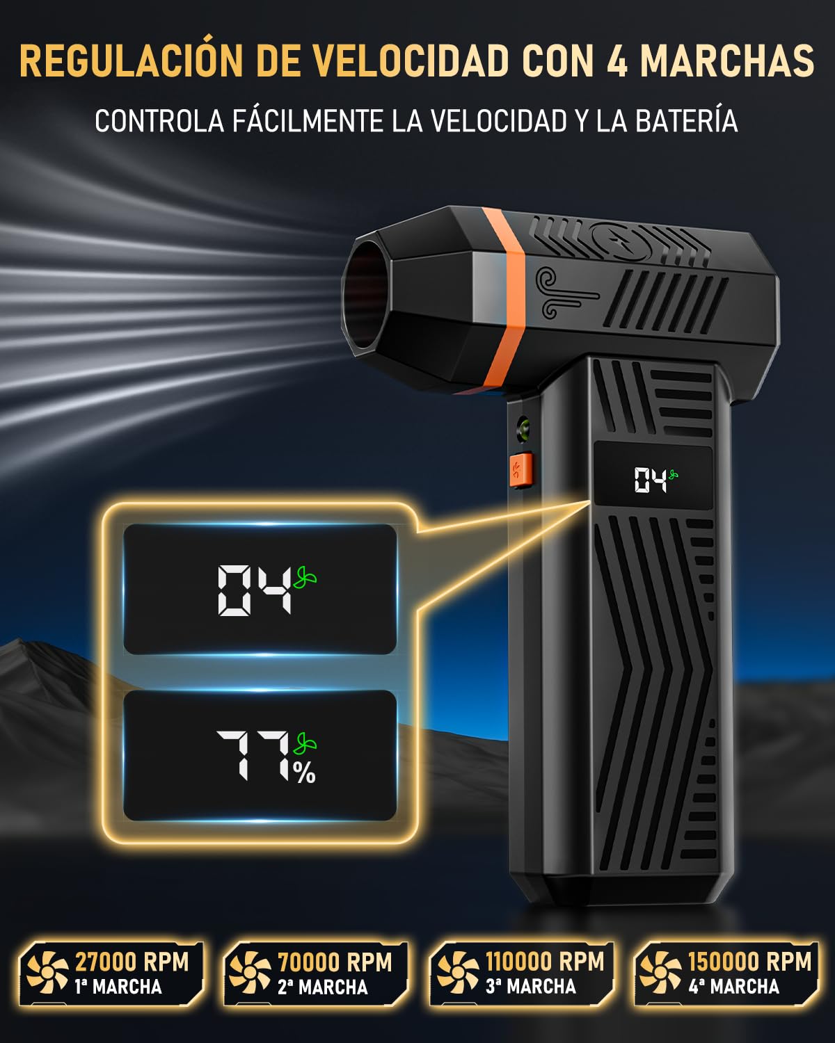 GLAM Soplador de Aire Potente con luz LED, 150000RPM 4 Velocidades Air Duster Soplador de Aire Eléctrico con Pantalla LED, para Teclado, Ordenador, Electrónica y Coche