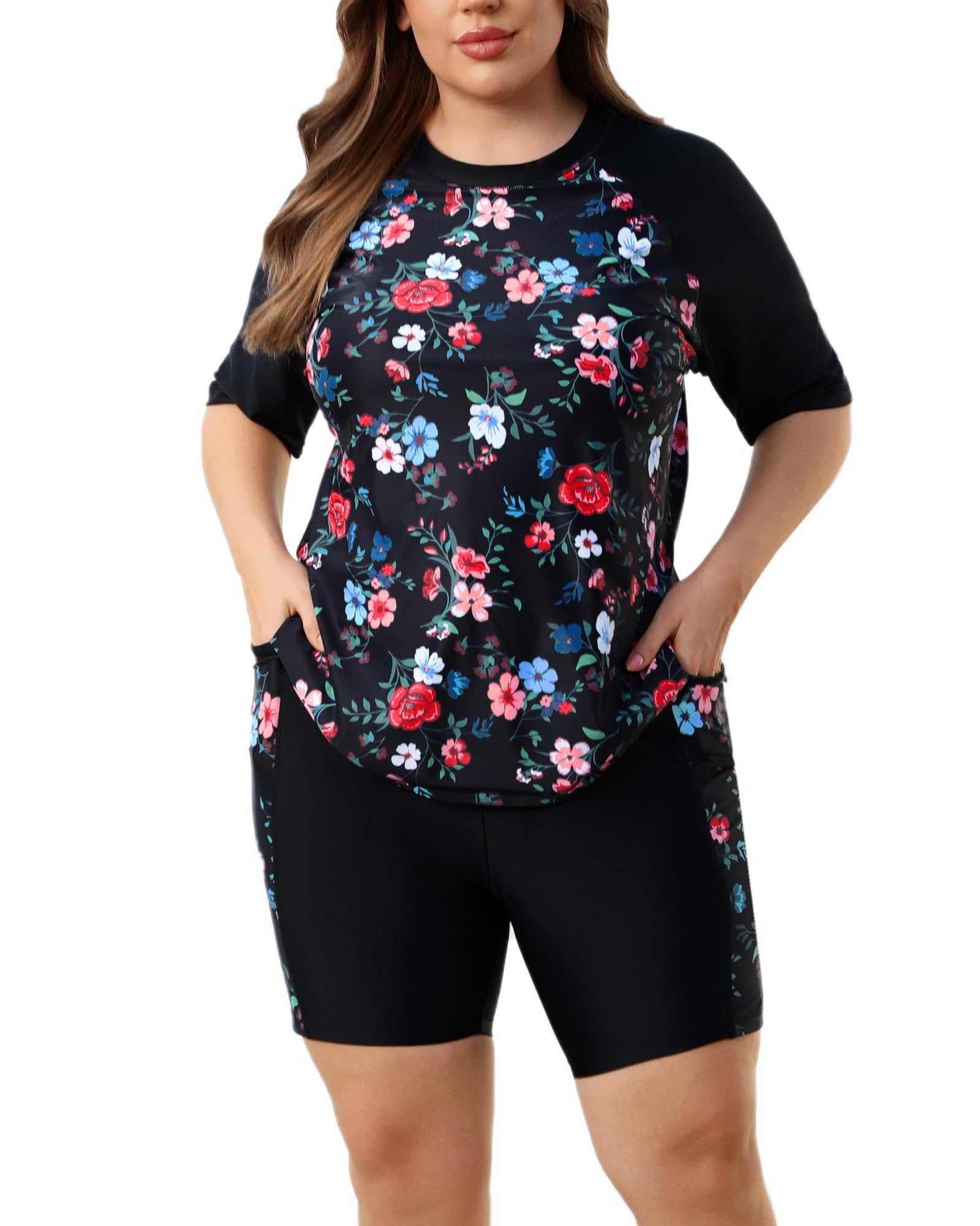 Halcurt Women's Plus Built-in Bra Rash Guard and Boyleg Shorts Set