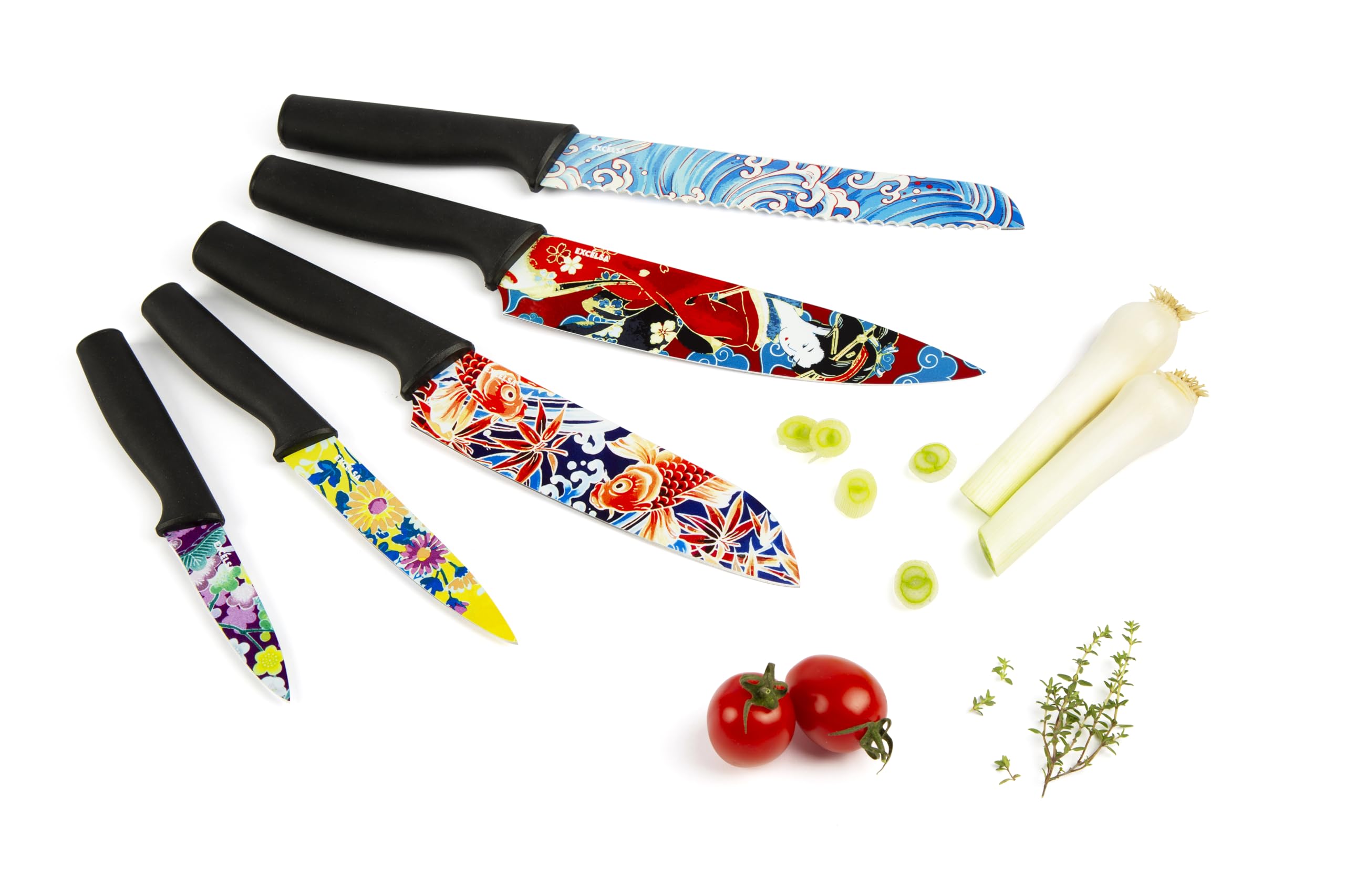 Excelsa Kimono zestaw 5 noży kuchennych, orientalny design, czarne ergonomiczne uchwyty, zdobione ostrza