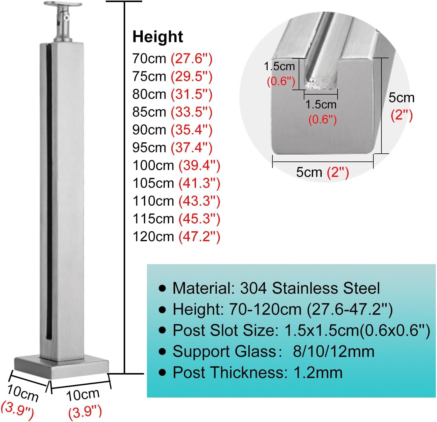 Stainless Steel Balcony Guardrail Post with Adjustable Top, Glass Railing Skirt for Indoor/Outdoor Steps, 120cm Corner Fence Post - Durable & Stylish Safety Solution