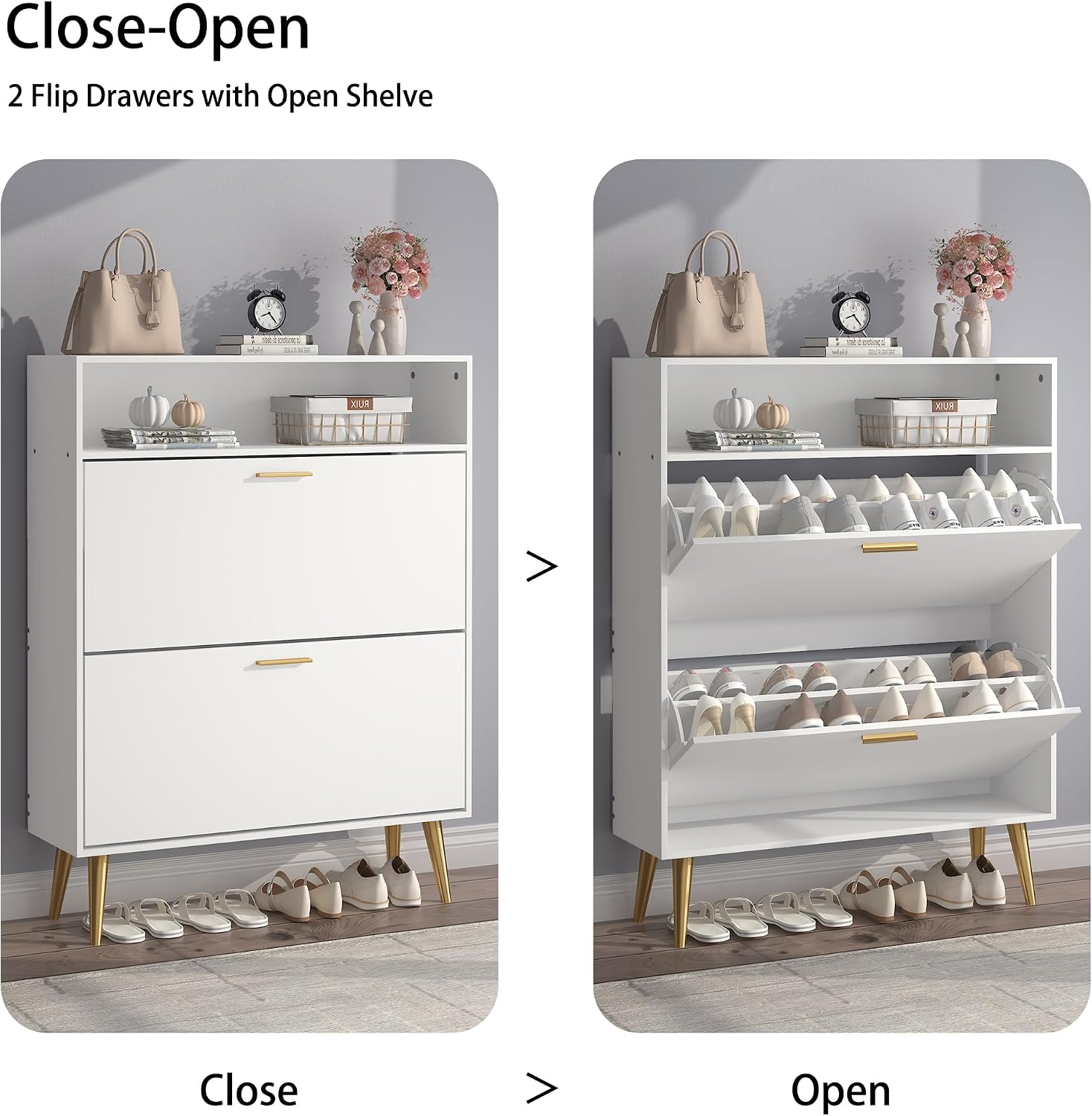 JOZZBY Shoe Cabinet for Entryway, White Narrow Shoe Storage Cabinet with 2 Flip Drawers and Open Shelves, Hidden Freestanding Shoe Rack Storage Organizer for Hallway, Living Room