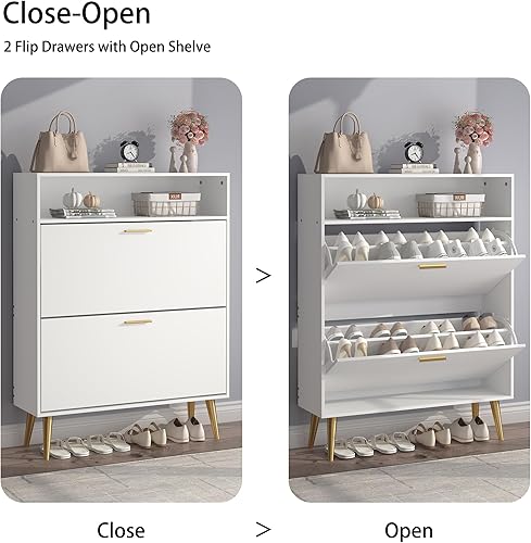 Vista 63 de JOZZBY Armario de zapatos para entrada, armario de almacenamiento de zapatos estrecho negro con 2 cajones abatibles y estantes abiertos, organizador