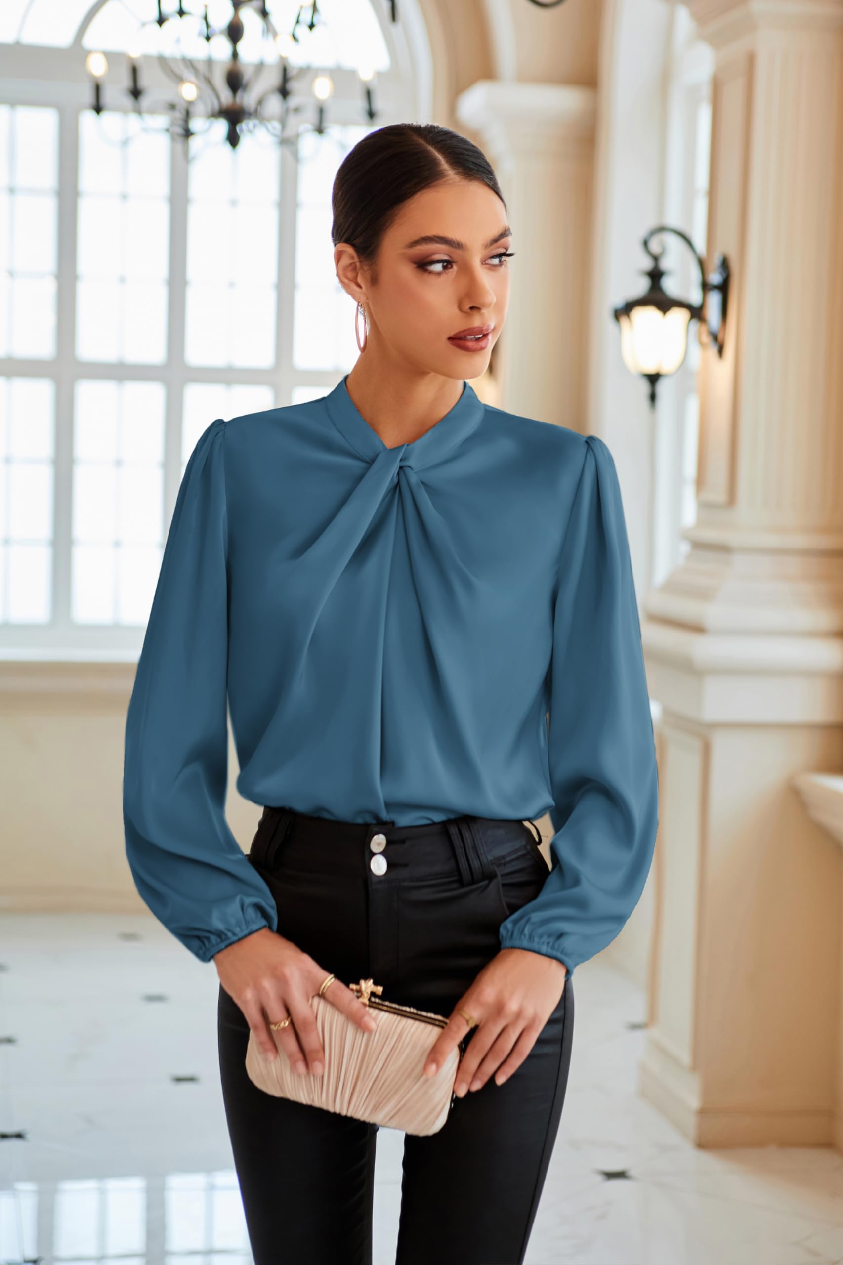 GRACE KARIN Blusa Elegante Donna Maniche Lunghe a Lanterna Tinta Unita con Scollo Rotondo da Ufficio Casual