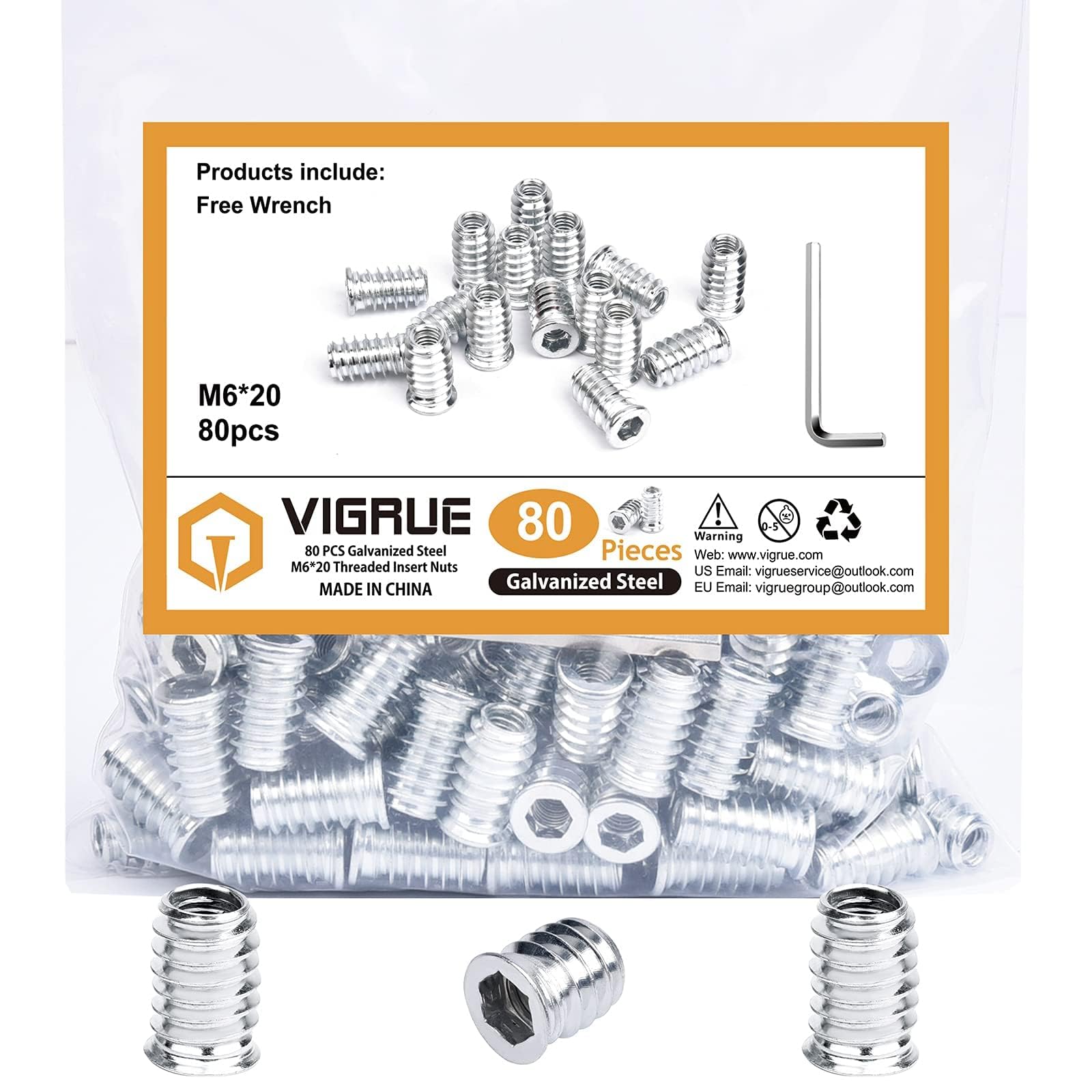 VIGRUE Lot de 80 écrous à visser M6 x 20 mm - Insert fileté pour bois - Pour meubles en bois - Écrous hexagonaux hexagonaux en acier galvanisé