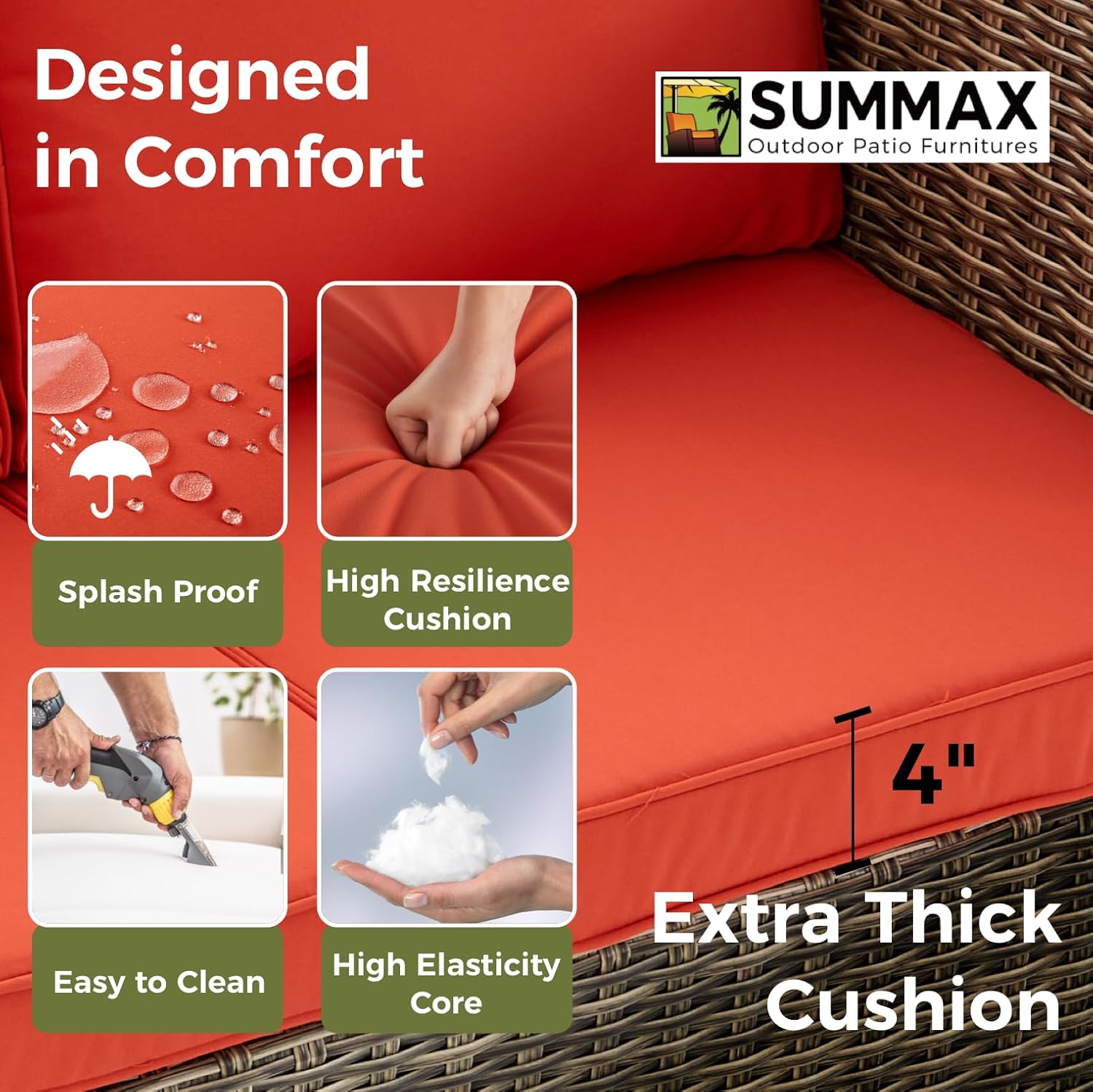 Four icons illustrating cushion features: splash proof, high resilience, easy to clean, and high elasticity core