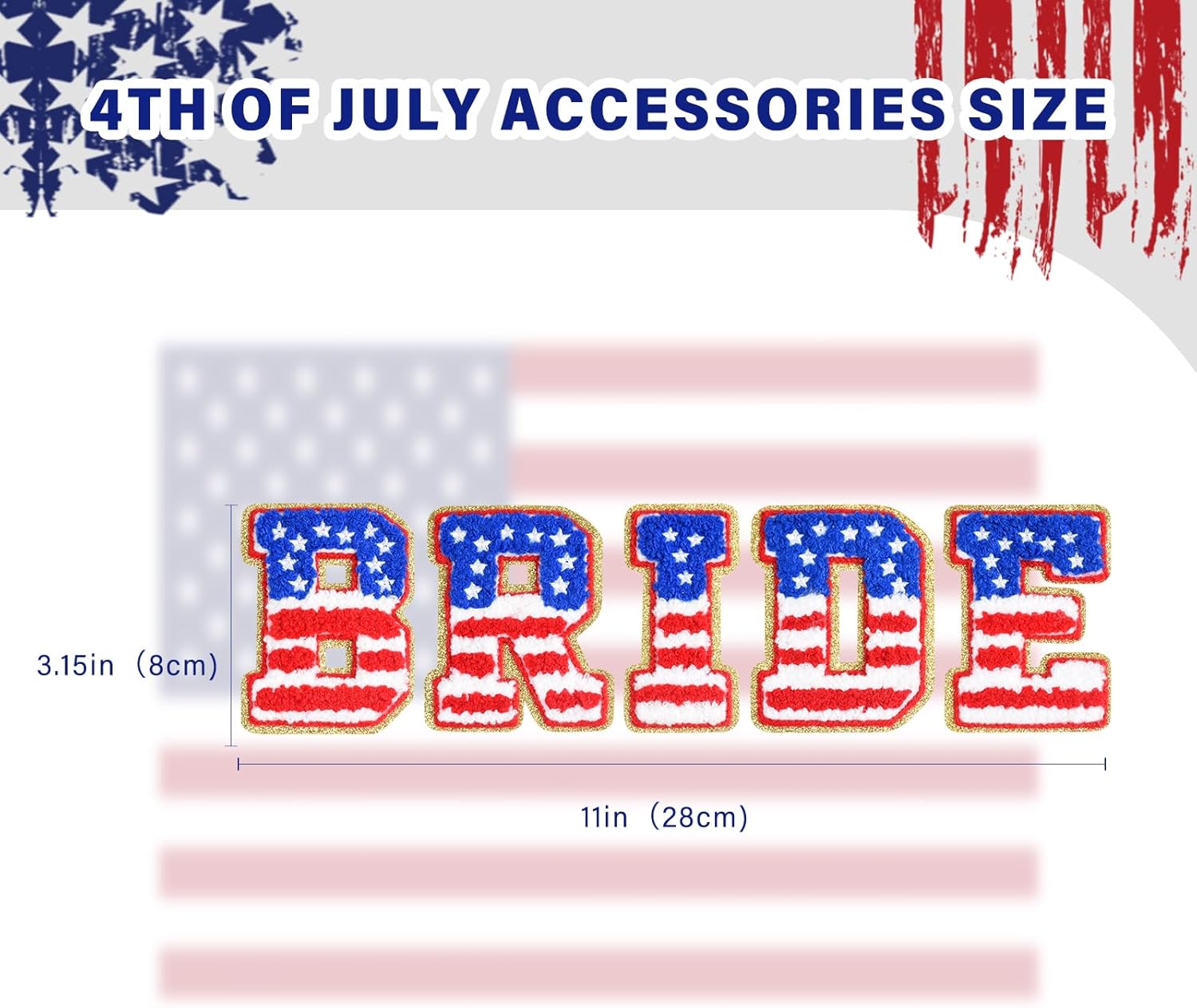 4th of July Iron On Patches Chenille Patches Iron On Patriotic Independence Day American Flag Personalized Bride Iron On Patch for Clothes Jacket Hat Backpack Dress American Flag BRIDE