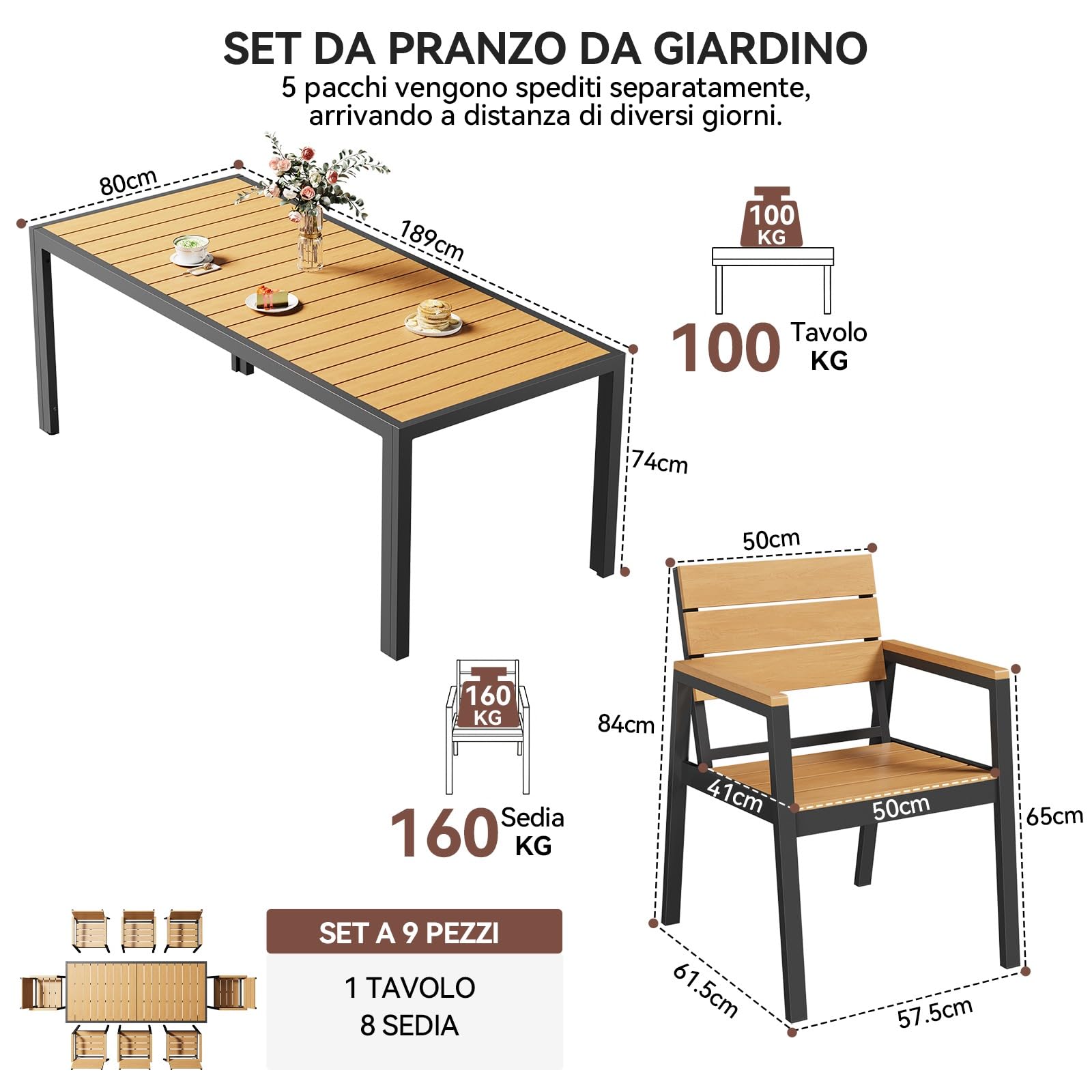 Devoko HDPS Set Tavolo e Sedie da Giardino 9 Pezzi Alluminio Finitura Vena di Legno 189 cm Naturale