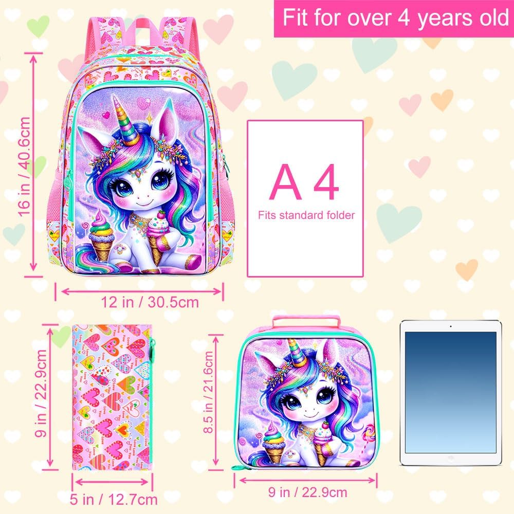 AGSDON 3PCS Unicorn Backpack for Girls, 16" Kids Backpacks for Girl Water Resistant Preschool, Elementary Bookbag with Lunch Box