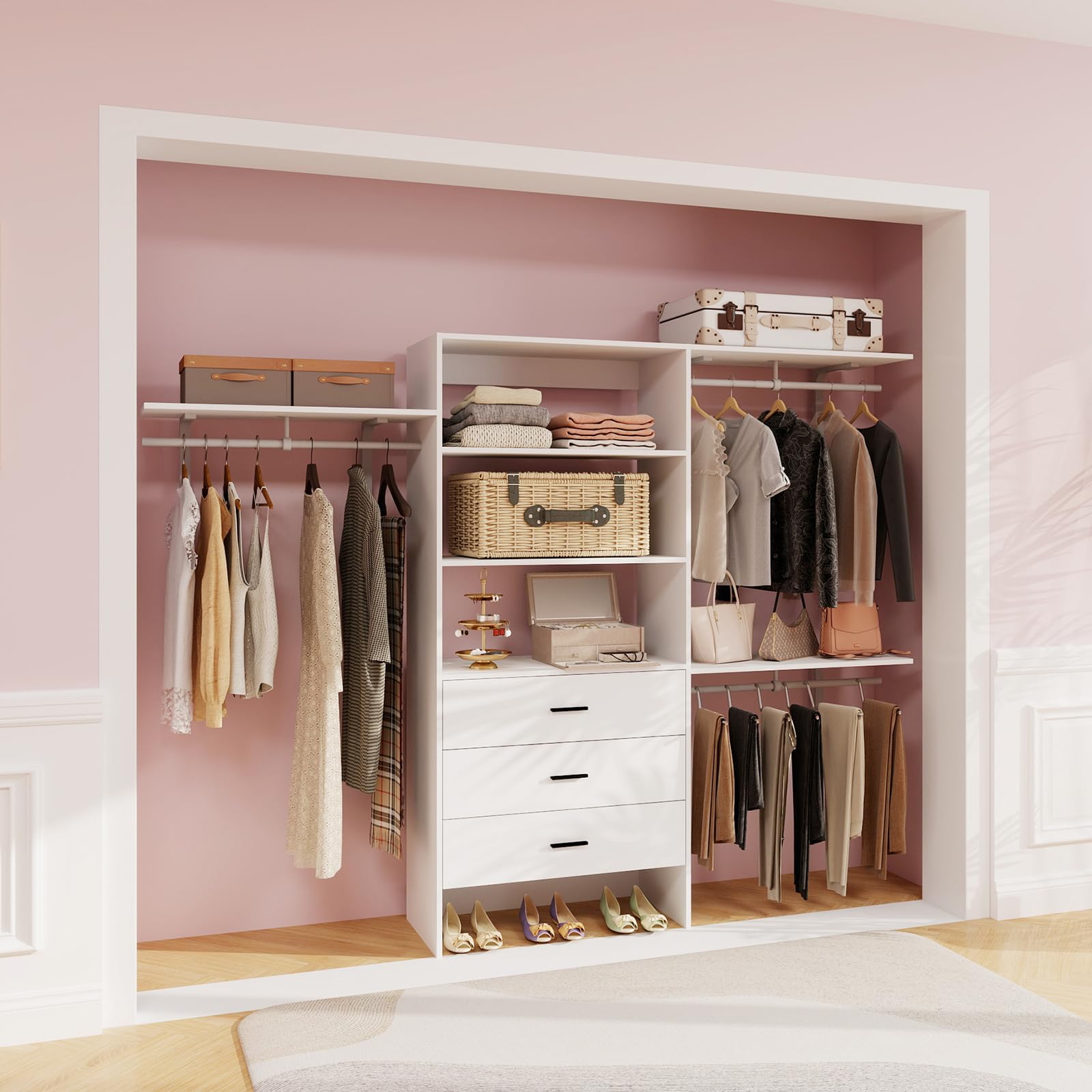 Closet System, Wood Closet Organizer, Closet Organizers and Storage System for Walk In Closets Wardrobe with 3 Drawers, 94.5"Lx15.8"Wx70.9"H, Load Over 1000 LBS