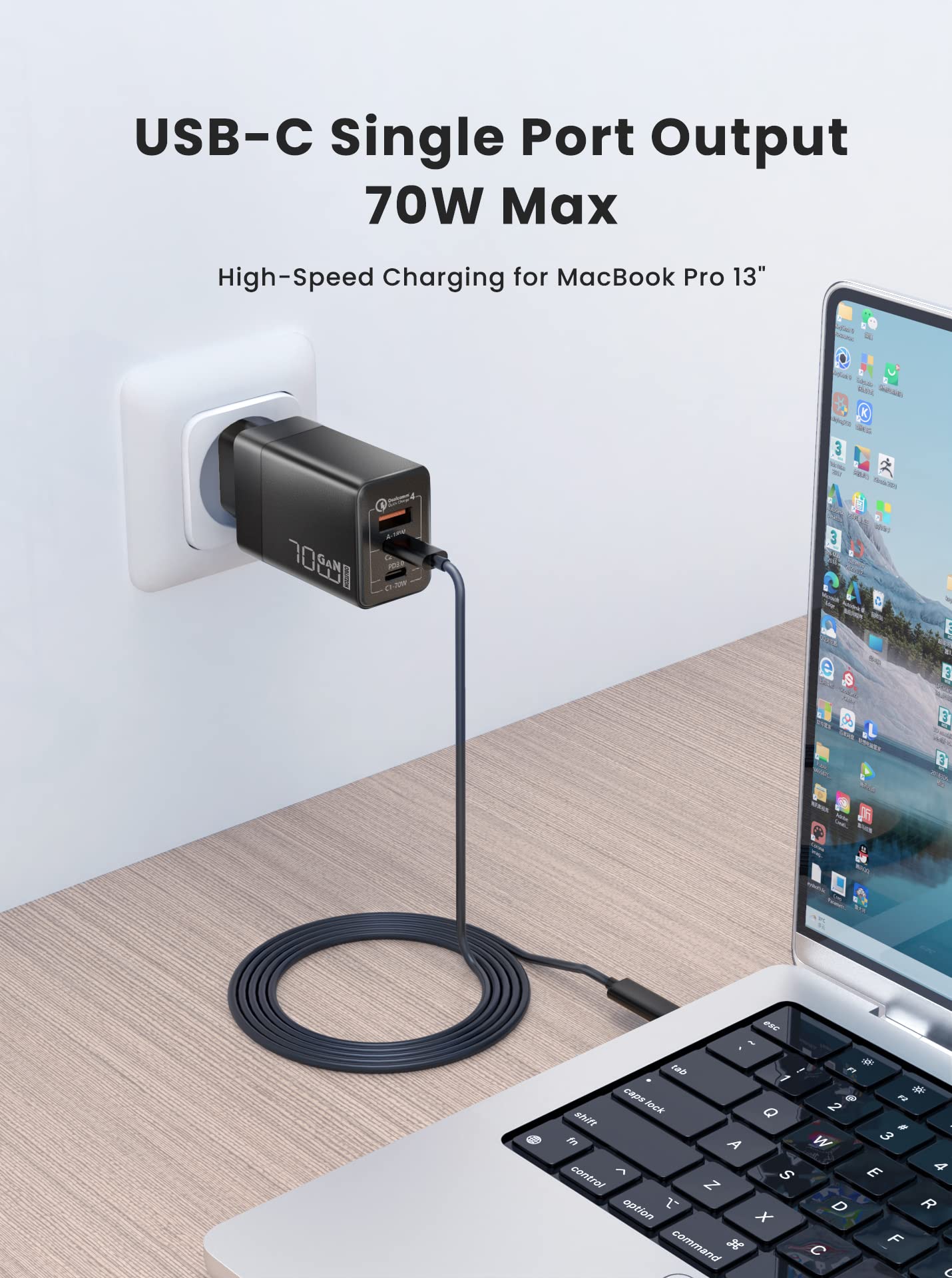 Caricatore USB C 70W 3 Porte PD3.0 GaN per MacBook Pro Dell XPS Google Pixel iPhone iPad Pro Samsung Galaxy