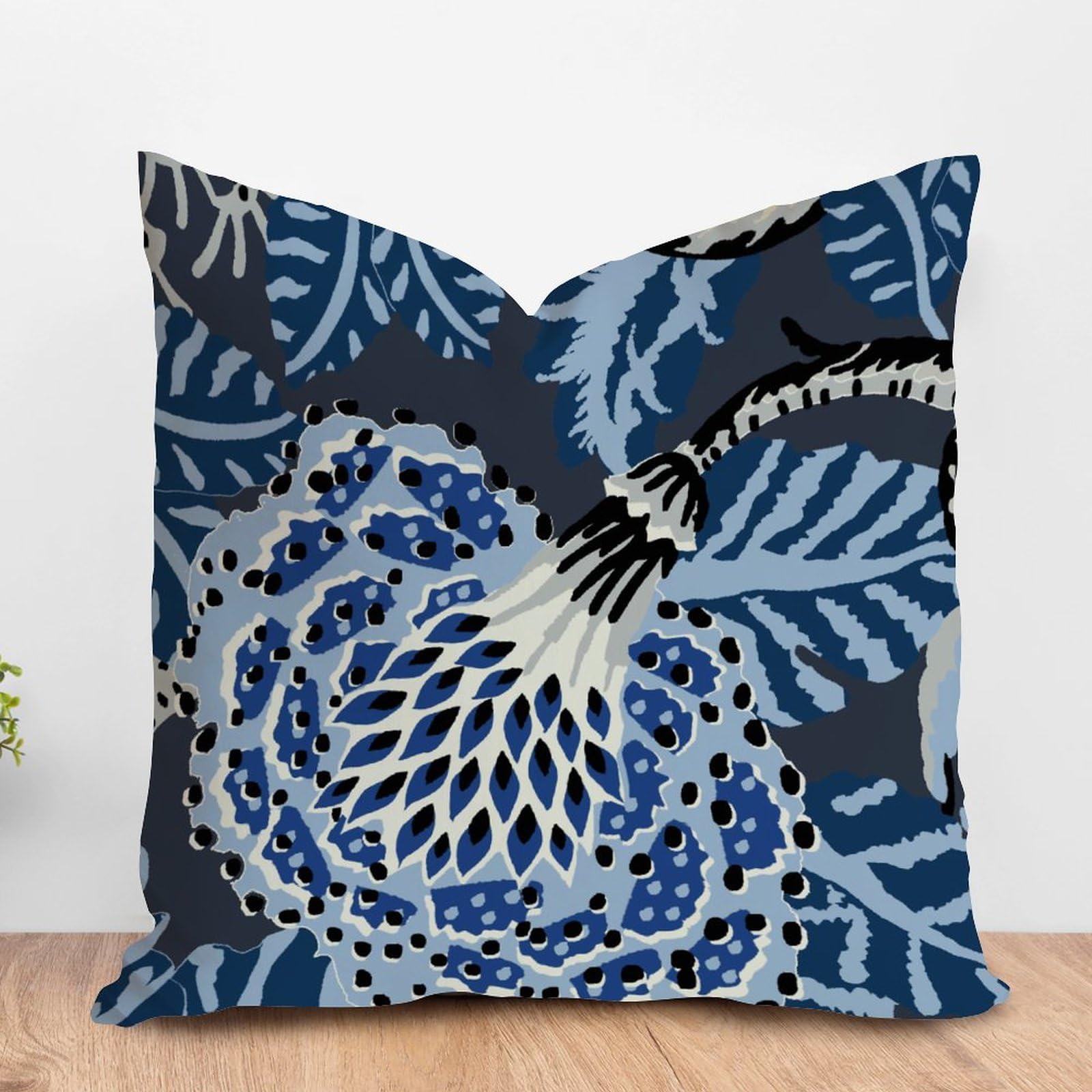 ArogGeld Indigo Blue and Black Flower Pillow Cover Navy Blue Chinoiserie Floral Decorative Sofa Cushion Cover Japanese Chinoiserie Farmhouse