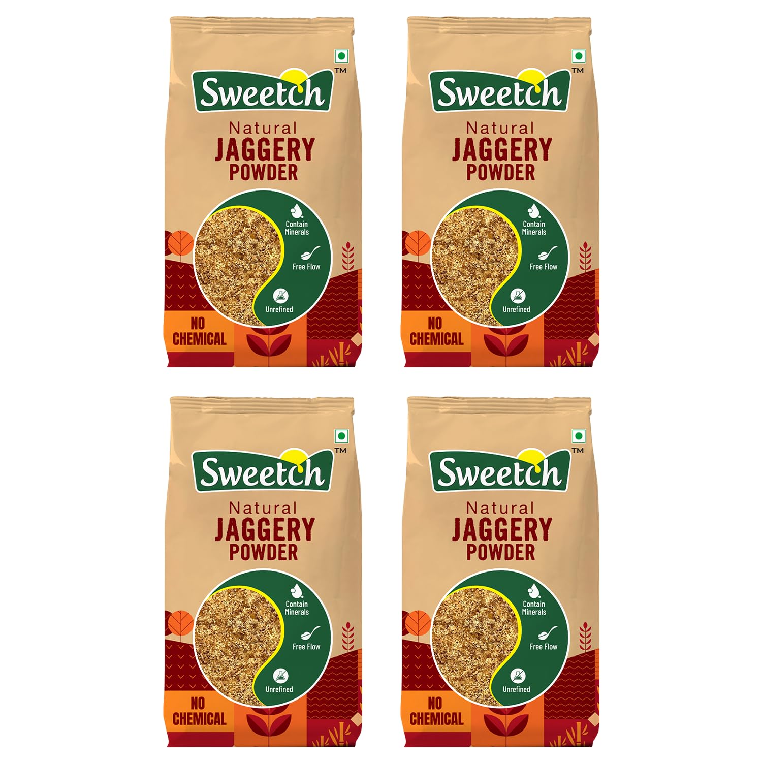 Sweetch Natural Cane Jaggery Powder 4 kg Natural Sweetener | Refined Sugar Alternative contain Minerals, No Chemical, Sulphur & Bleach Free | Gur, Gud Powder for Baking & Cooking (1 kg x Pack of 4)