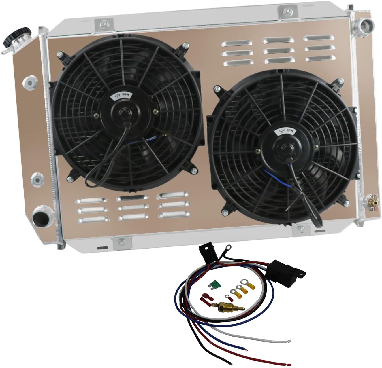 ECMRAD 4 Row Core Radiator Compatible for 1979-1993 Ford Mustang GT LX 5.0L 2.3l V8 V8 302 AT/MT &Shroud&2x12''Fans&Relay Combo