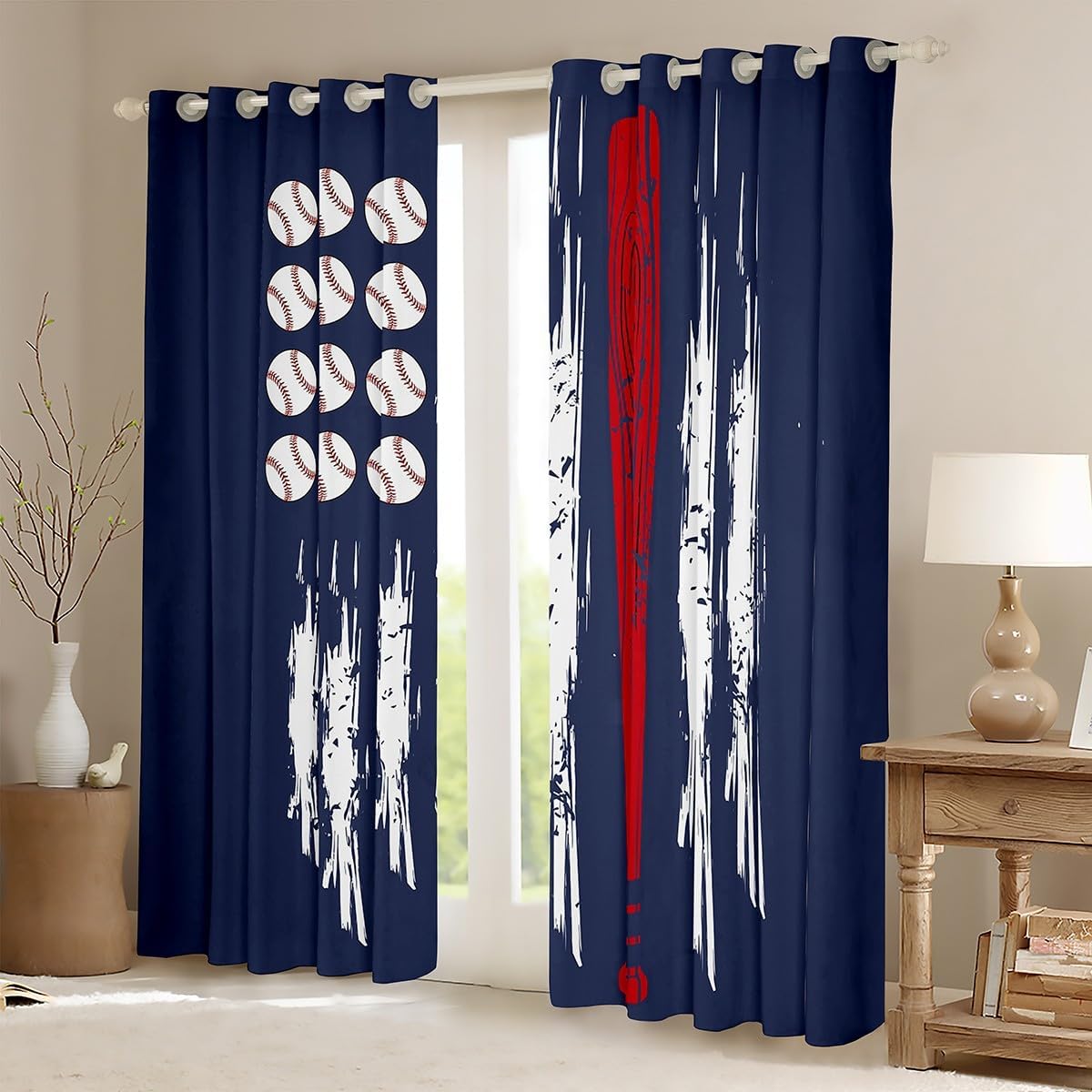 Feelyou Baseball Curtains for Bedroom Living Room (2 Panels, 38 x 45 Inch) Gift Baseball Lover Blackout Curtain Sports Game Darkening Dreapes Baseball Gaming Window Treatments Deep Blue image 2