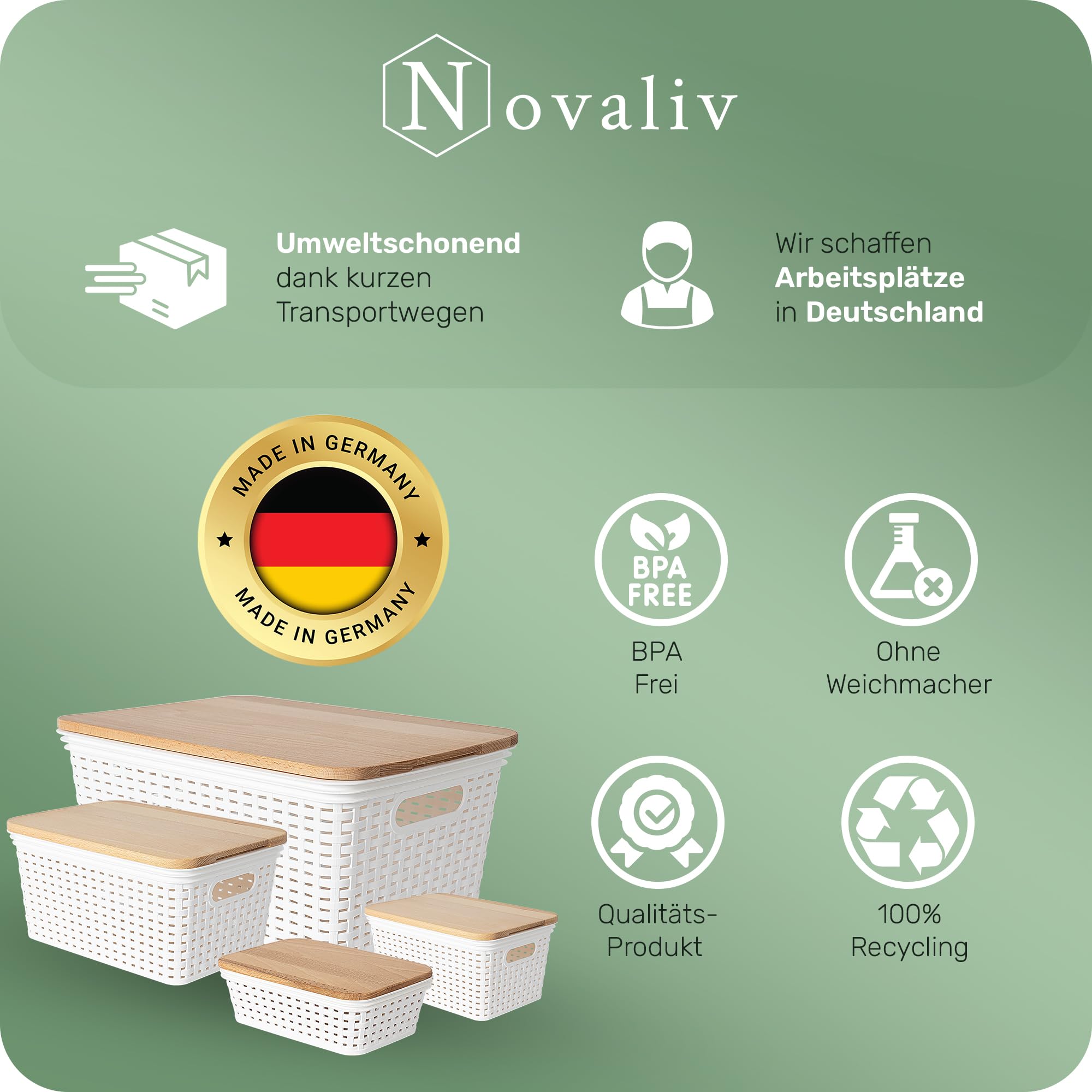 Novaliv Juego de 6 cajas de almacenamiento con tapa de madera, cesta grande de 14 L, color blanco, diseño de ratán, apto para alimentos, apilables, de plástico, sin BPA, con tapa
