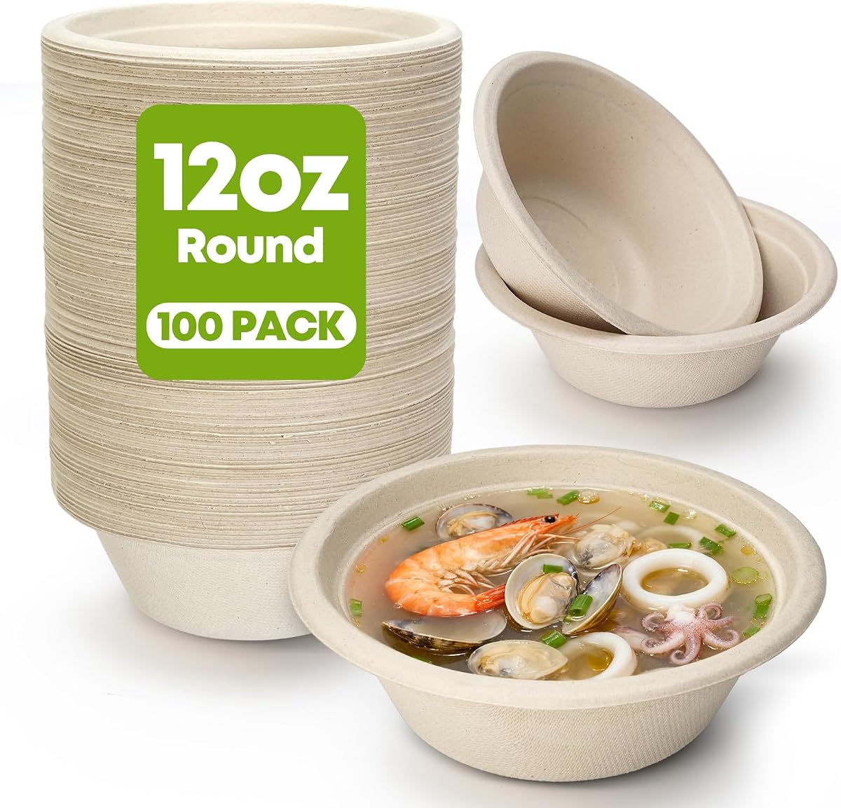 12 oz Paper Bowls Disposable 100-Count, Compostable Bagasse Bowls | Heavy-Duty, Microwave-safe, Sugarcane Fibers, Suitable for dessert, Soup, Cereal, Salad, Ice cream, and hot or cold use