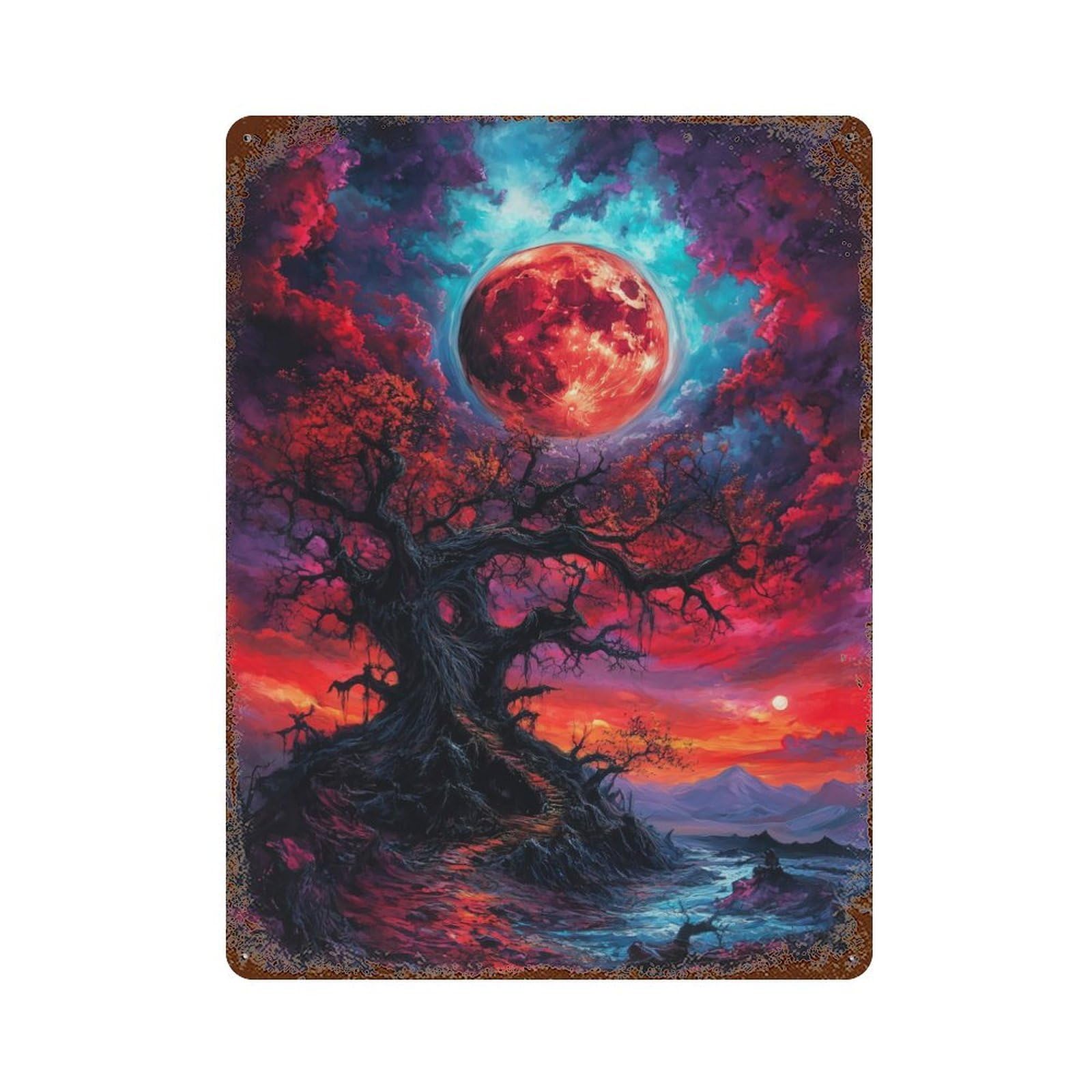 Vintage Rust Metal Sign Red Moon Landscape 15.7"x11.8", Decorative Metal Wall Art for Basement, Hobby Room And Garage Decor
