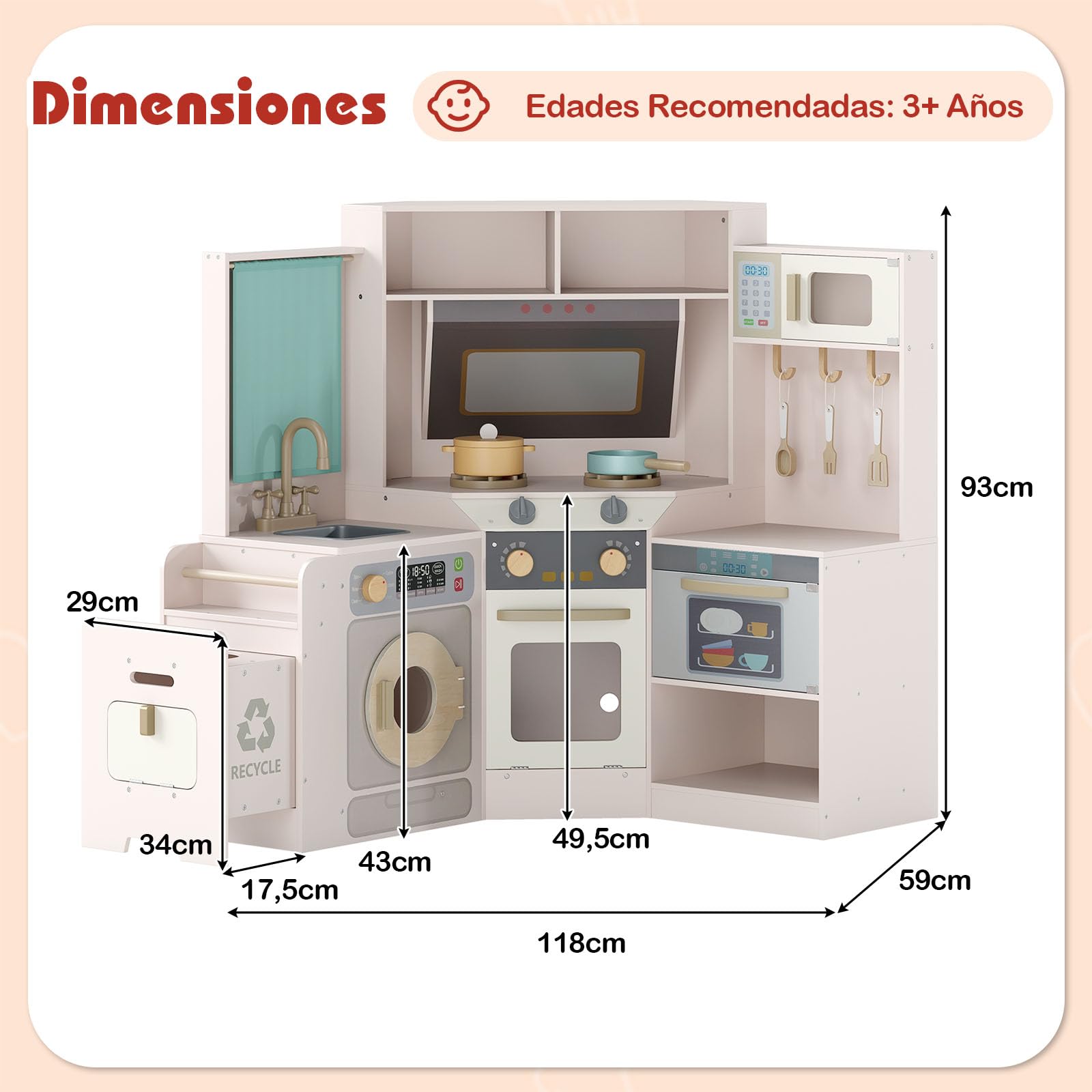 GOPLUS Cocina de Juguete de Esquina, Cocinita Infantil de Madera con Cubo de Basura Extraíble, Fregadero, Fogones, Microondas, Horno, Lavadora, Luces y Sonidos para Niños de 3+ Años (Rosa)