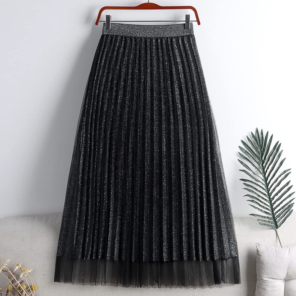 Faldas para Mujer Reino Unido,Faldas Plisadas para Mujer Cintura Elástica Longitud Midi Faldas De Invierno Negras Brillantes Falda Informal De Talle Alto De Una