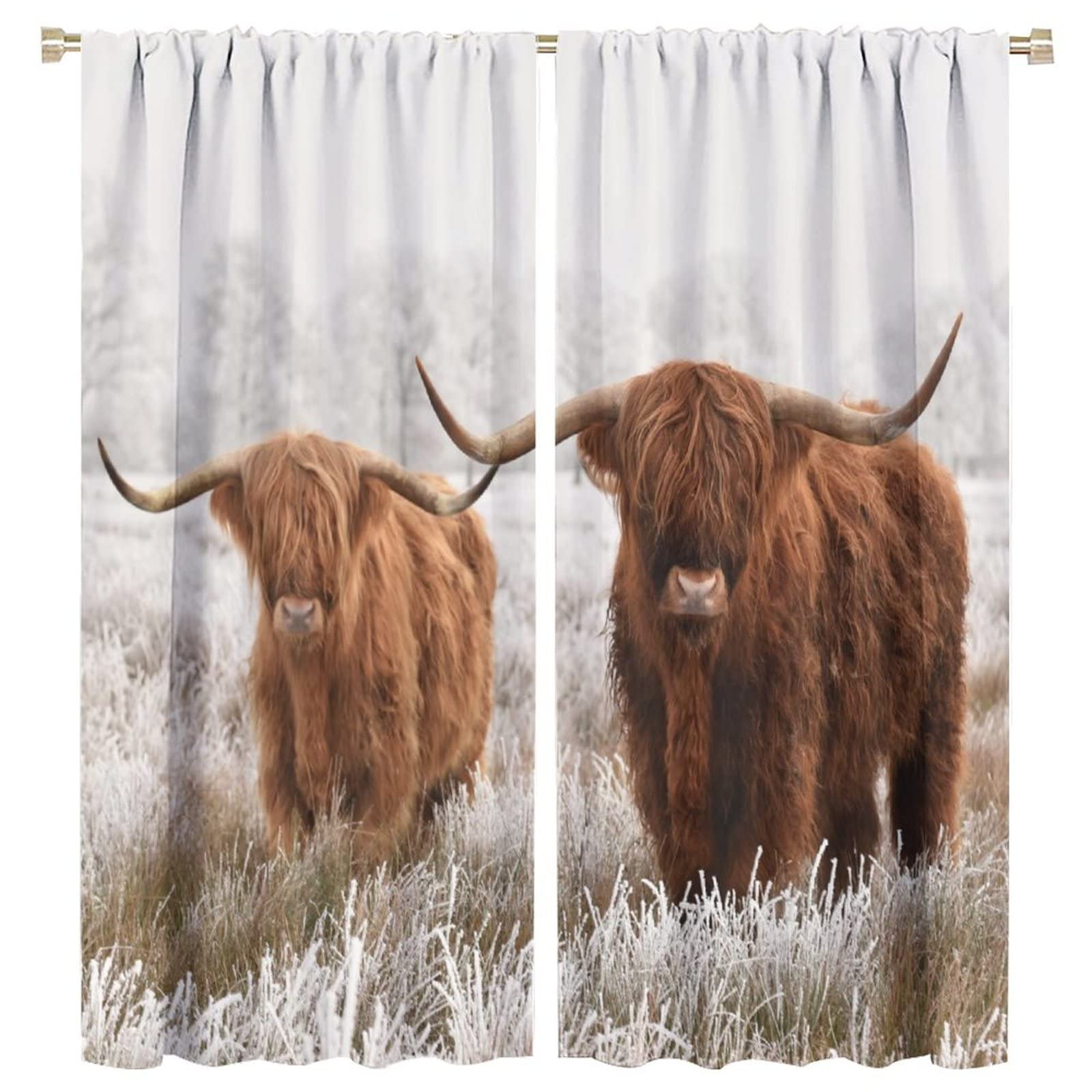 JESTRONRY Funny Highland Cow Window Curtain,Farmhouse Animal Wildlife Bull Cattle Western Style Blackout Window Door Curtains for Bedroom Living Room Kitchen Decor W63xL72in