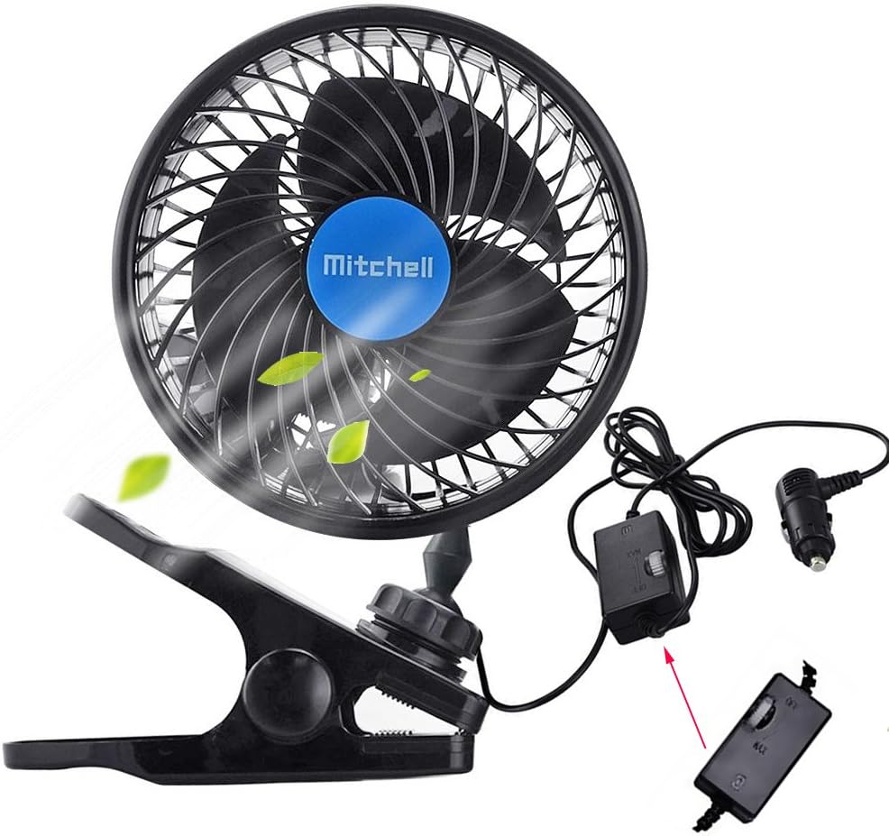 Car Clip Fan，Multi-Angle Electric Cooling Quiet Speedless Car Fans with Clip Cigarette Lighter Plug for for Cars, Trucks, and RV's