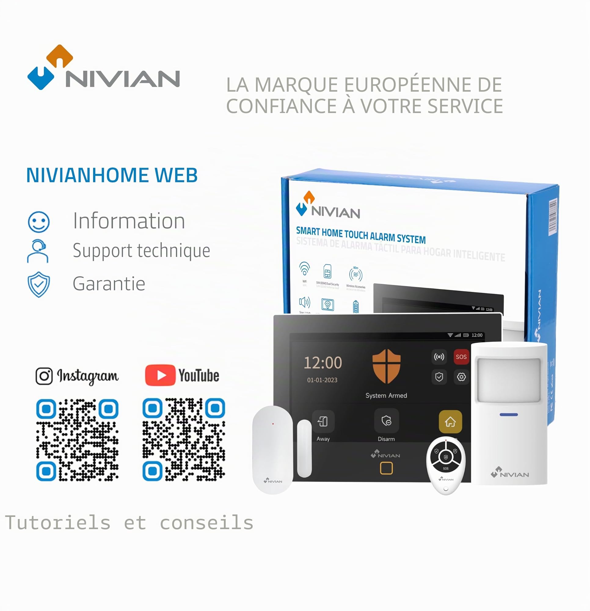 Nivian Système d’Alarme WiFi + GSM 4G Intelligent pour Maison ou Bureau – Kit Complet sans Fil avec Sirène Intégrée, Capteur de Mouvement, Détecteur d’Ouverture, Télécommande – App TUYA, SMS & Appels