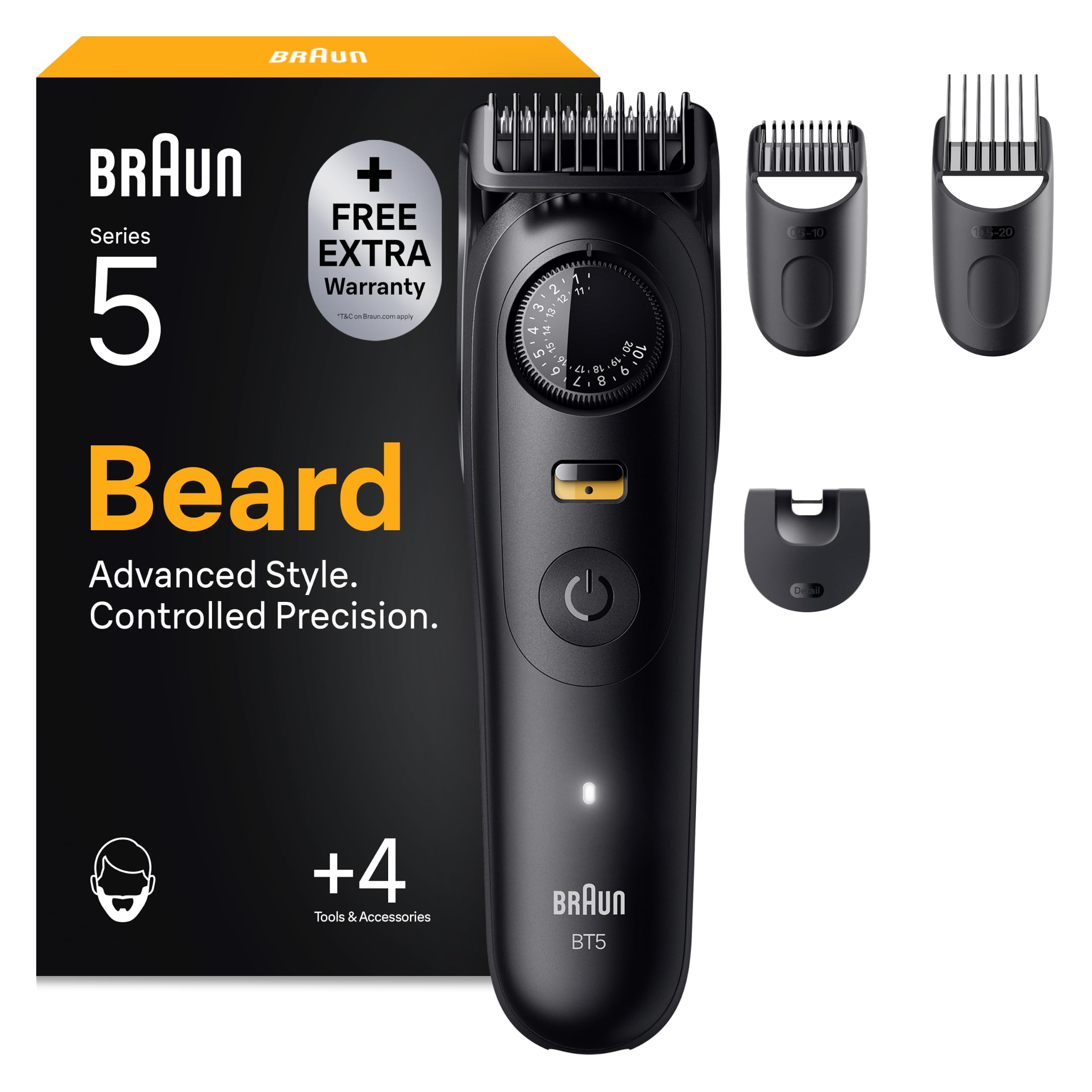Braun Serie 5 Rasoio Viso + 4 Strumenti Styling Lama Estremamente Affilata, 120 Minuti Runtime, PrecisionWheel Pitch per Regolazione Precisione e Blocco, BT5520, Nero