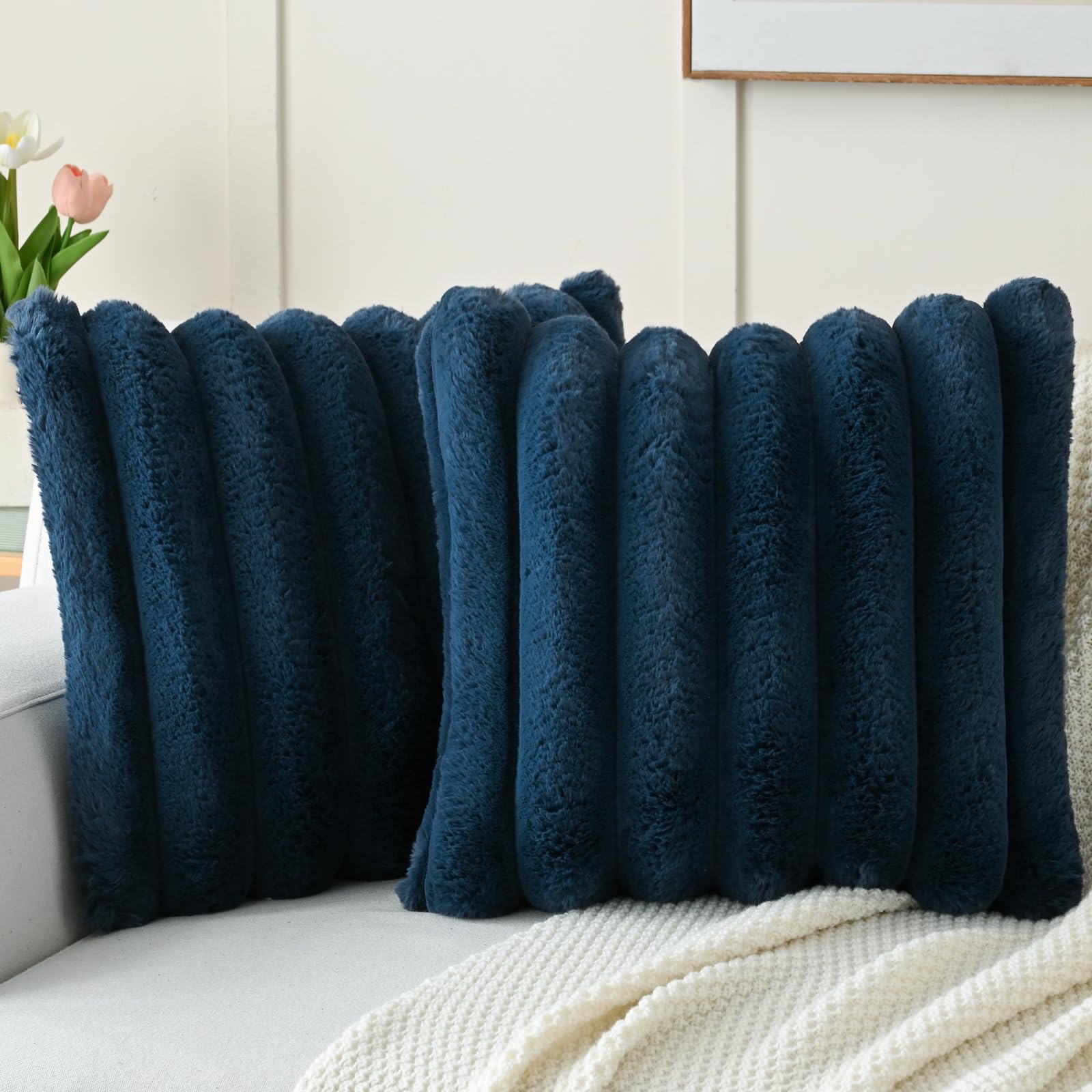 FUTEI Set of 2 Fluffy Faux Rabbit Fur Cushion Covers 45 x 45 cm,Navy Blue โ image 1