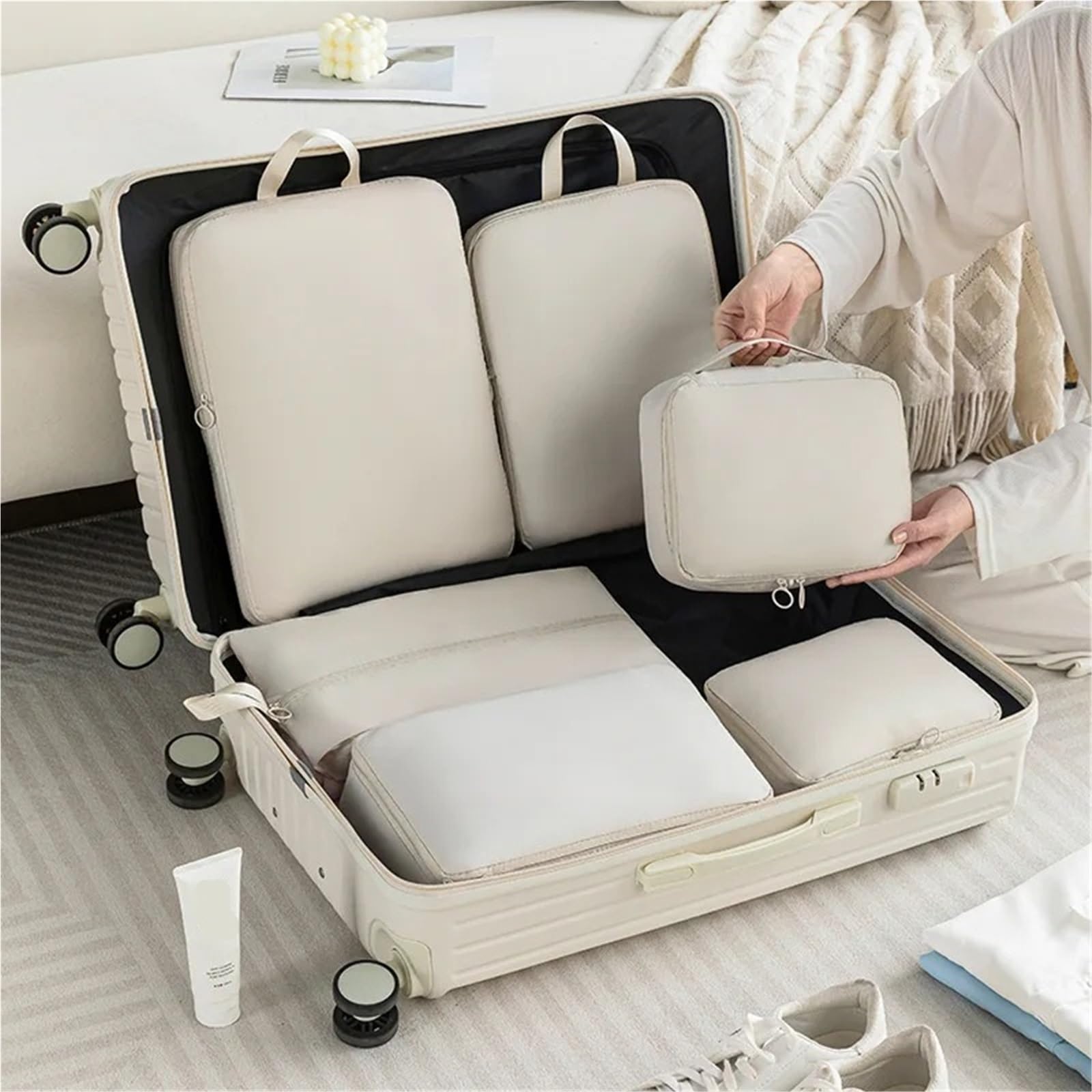 Cubos de embalaje comprimidos, bolsas viaje for zapatos, calcetines, ropa interior, sujetadores, maquillaje, almacenamiento, organizador portátil, suministros(Beige 6 pcs)