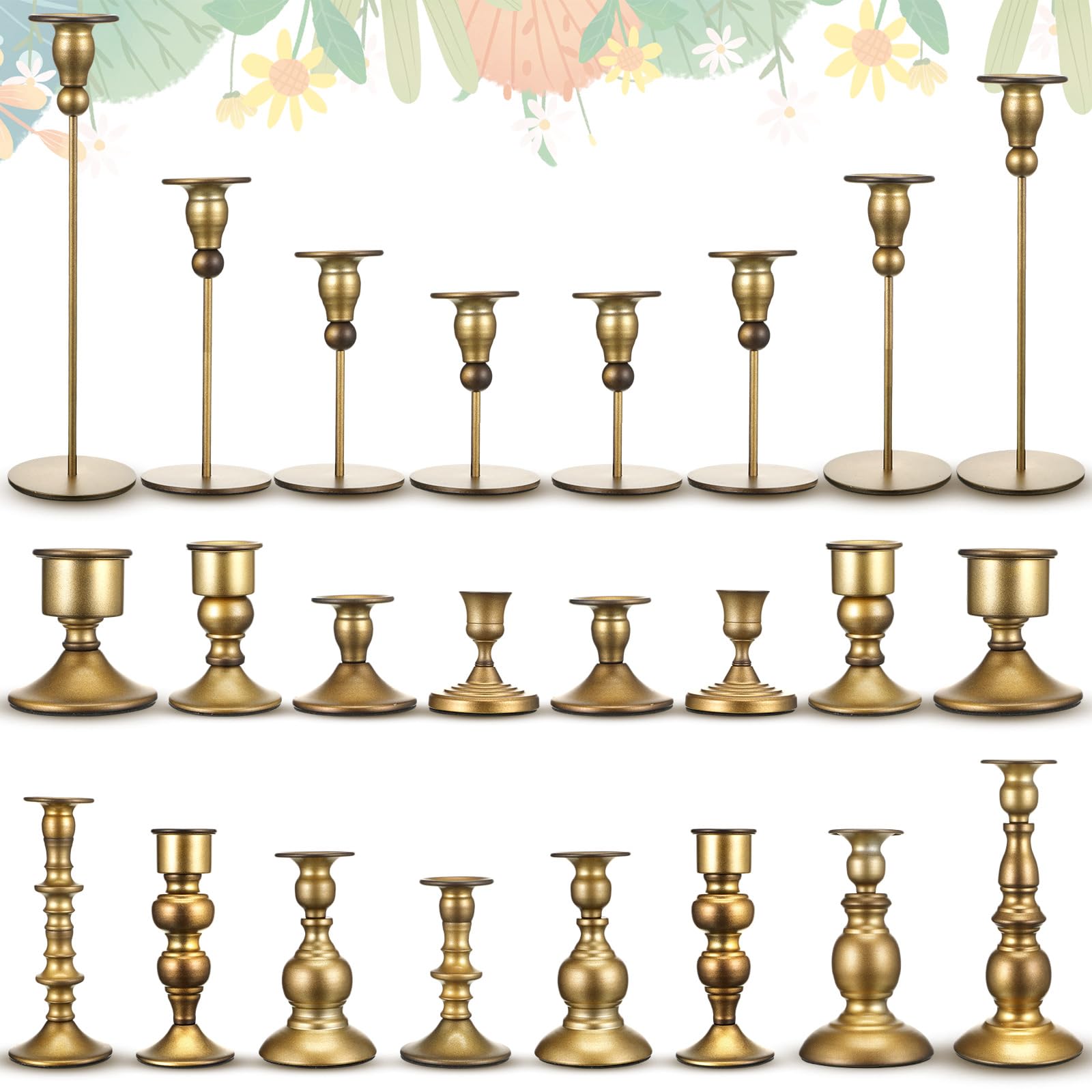 24 Pieces Brass Candlestick Holders Metal Tapered Candle Holders Set Vintage Brass Taper Candlestick Holders Mixed Candle Stick Holder Decor for Wedding Home Dinning Birthday Party Table