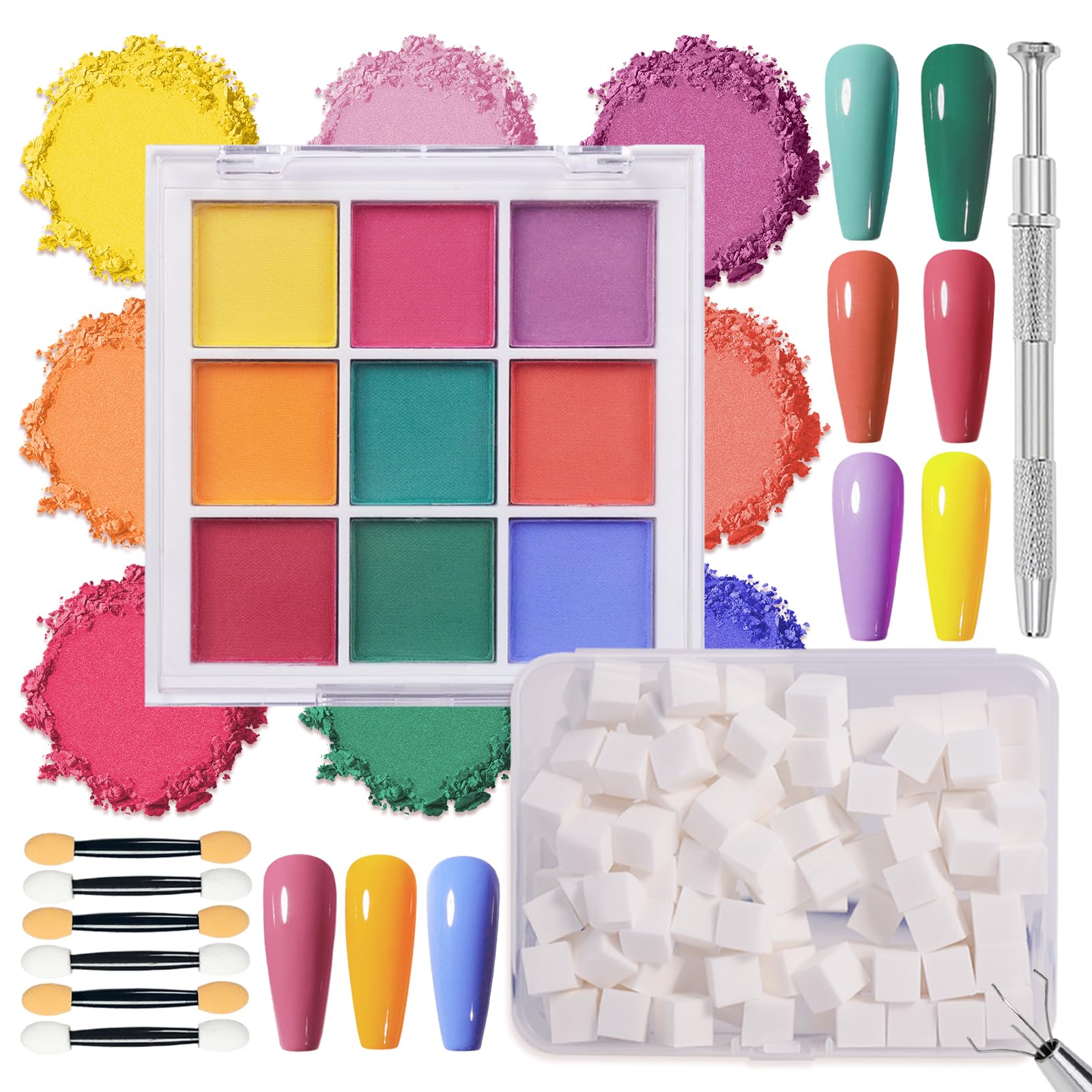 9 Colors Nail Pigment Powder Palette Set, Pigment Powder for Nails and Nail Art Sponges with Grabbing Pen, Pigmentos para Uñas, B