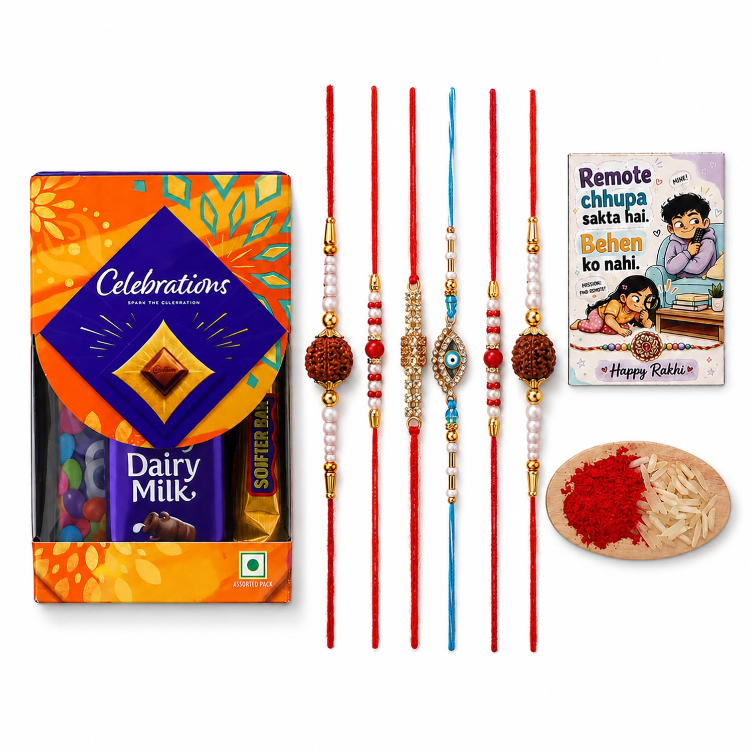 Maan Lo Rudraksha Rakhi Set of 6 with Chocolate for Brother & Pearl | 6 rudraksha rakhis, 1 magnet, chocolate & roli-chawal. Raksha Bandhan gift for brother. Store cool, away from sunlight.-image-9