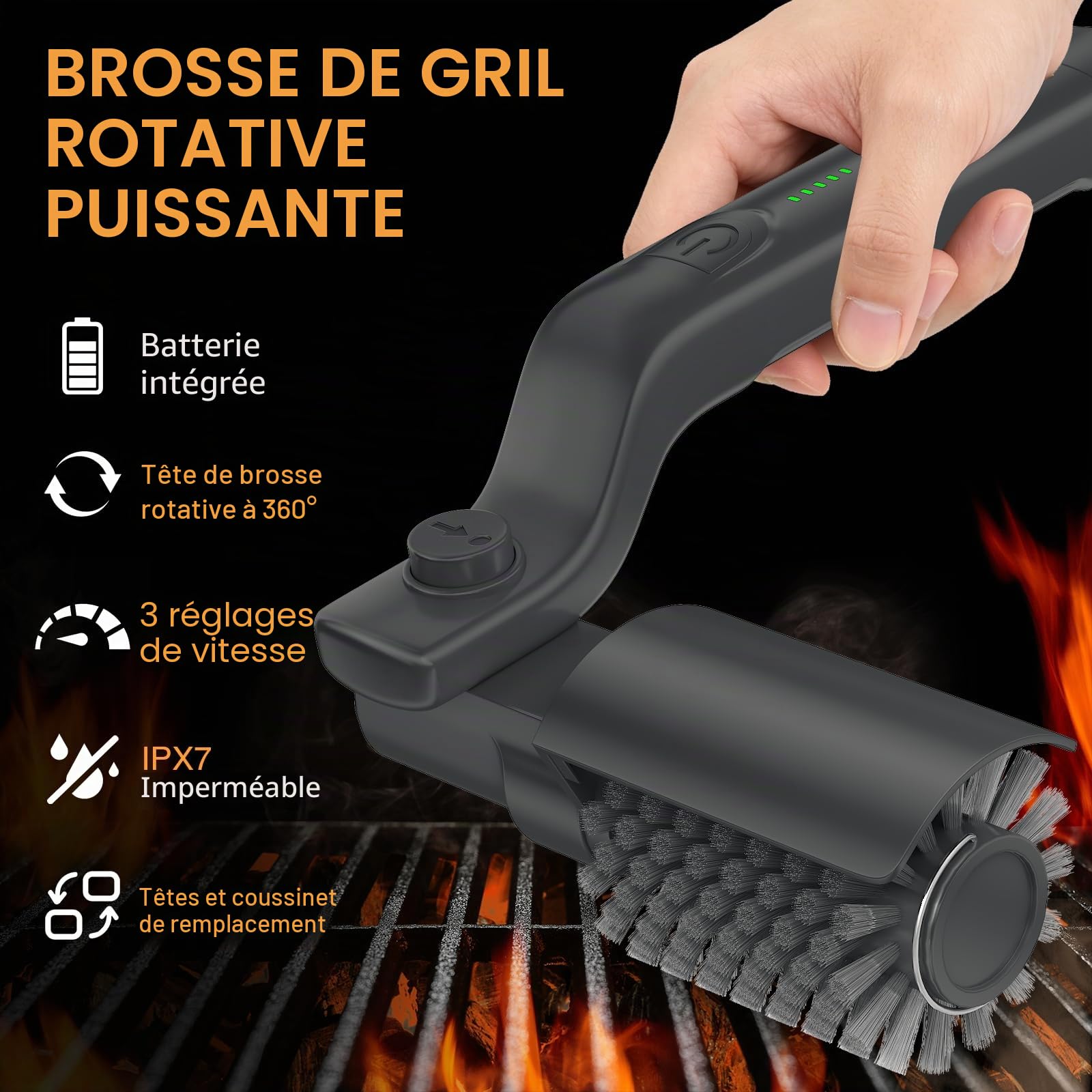 Brosse à barbecue électrique, nettoyeur BBQ sans fil avec tête réglable à 180°, nettoyage en 3 étapes, brosse à mailles 2-EN-1 pour barbecue avec batterie, IPX7 étanche, tête de brosse en acier